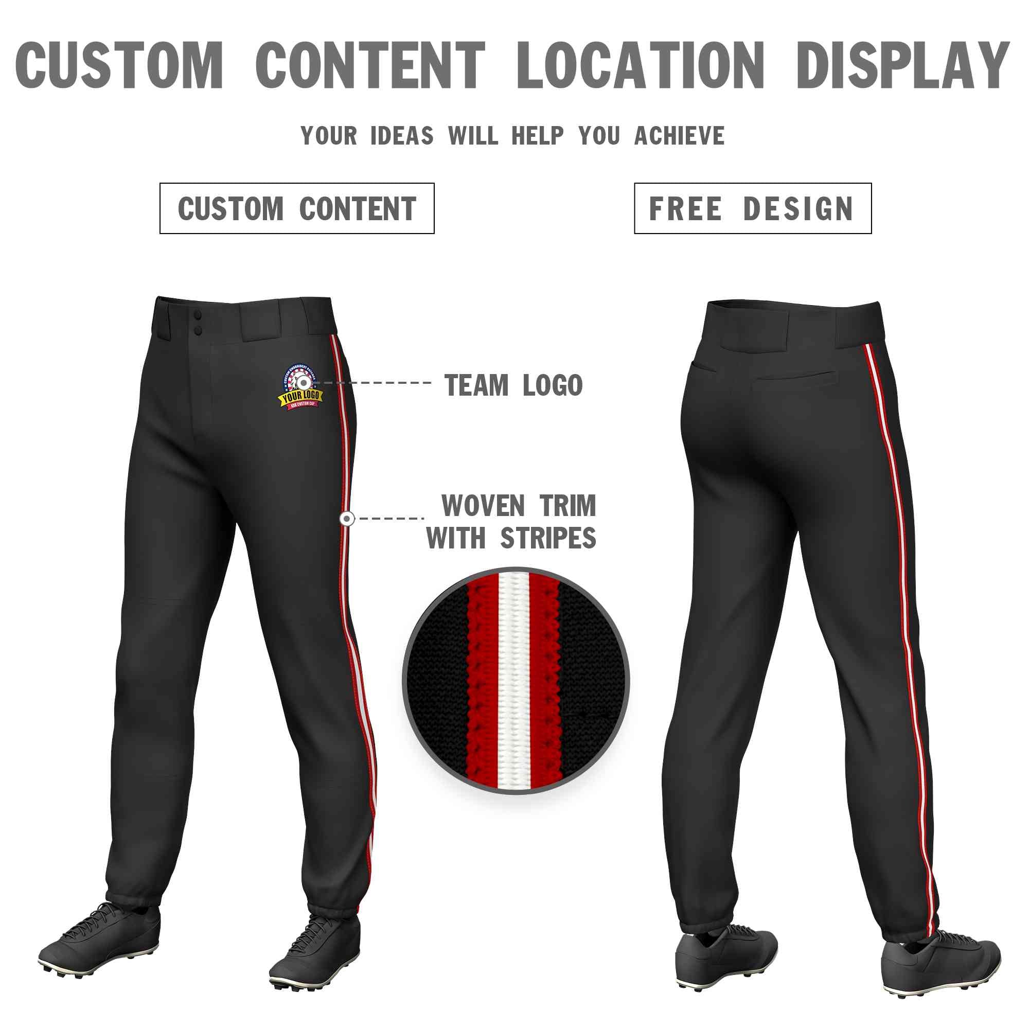 Pantalon de baseball pull-up extensible, coupe classique, personnalisé, noir, rouge, blanc-rouge