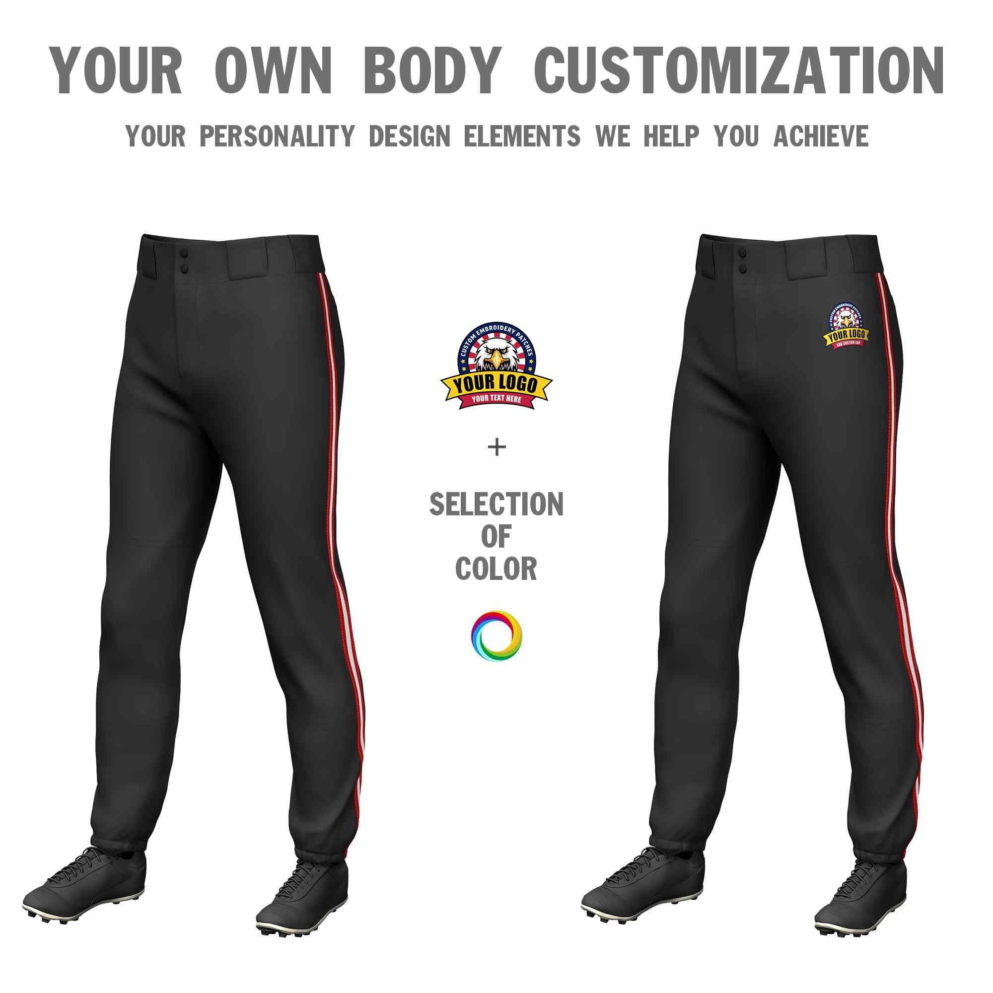 Custom Black Red White-Red Classic Fit Stretch Practice Pull-up Baseball Pants