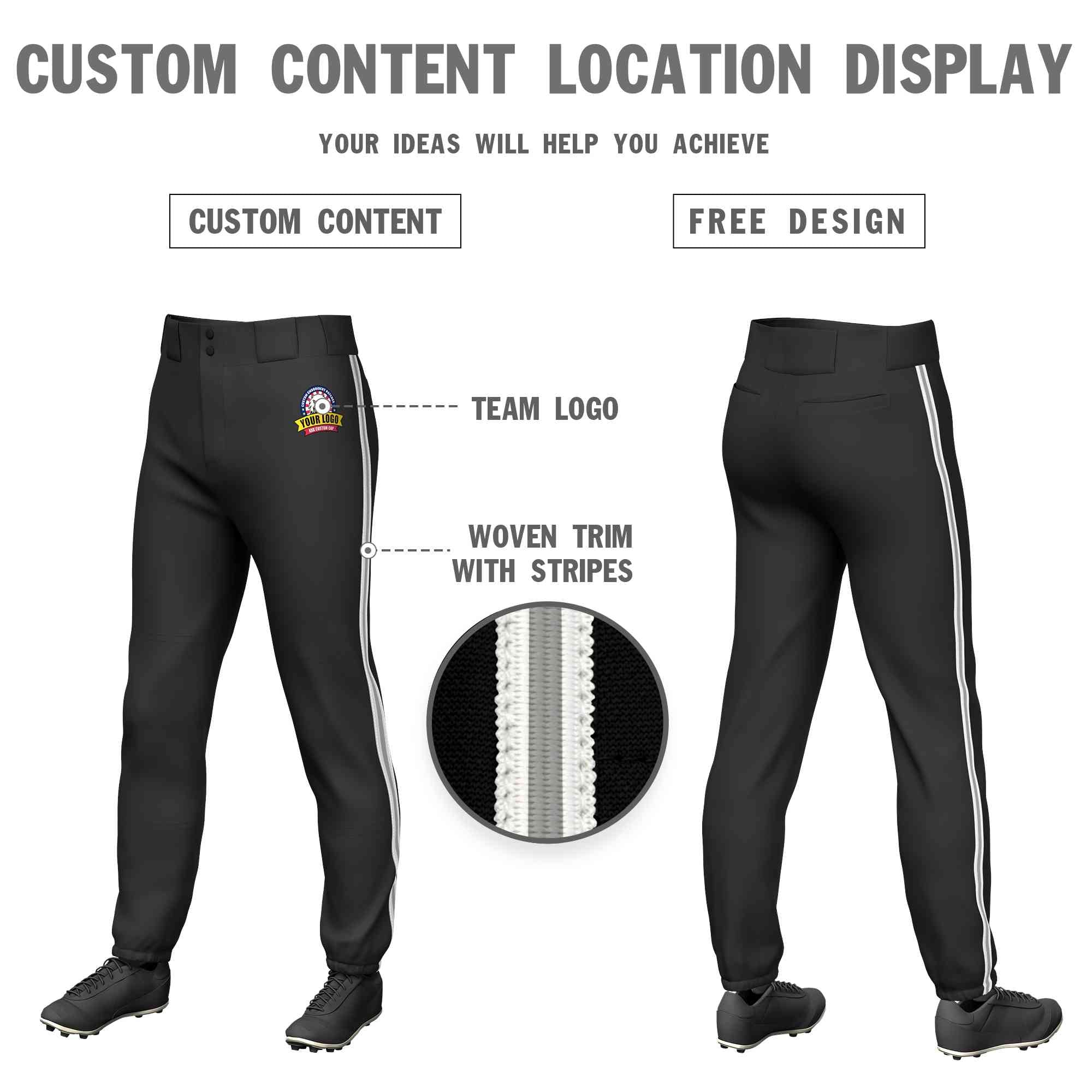 Custom Black White Gray-White Classic Fit Stretch Practice Pull-up Baseball Pants