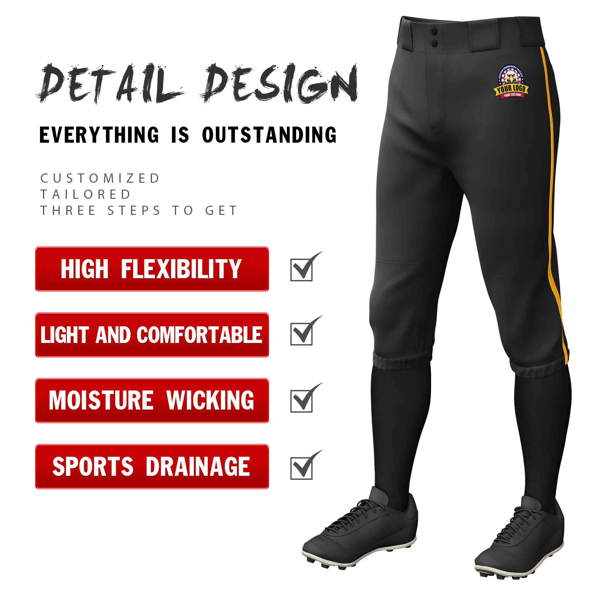 Custom Black Yellow Classic Fit Stretch Practice Knickers Baseball Pants