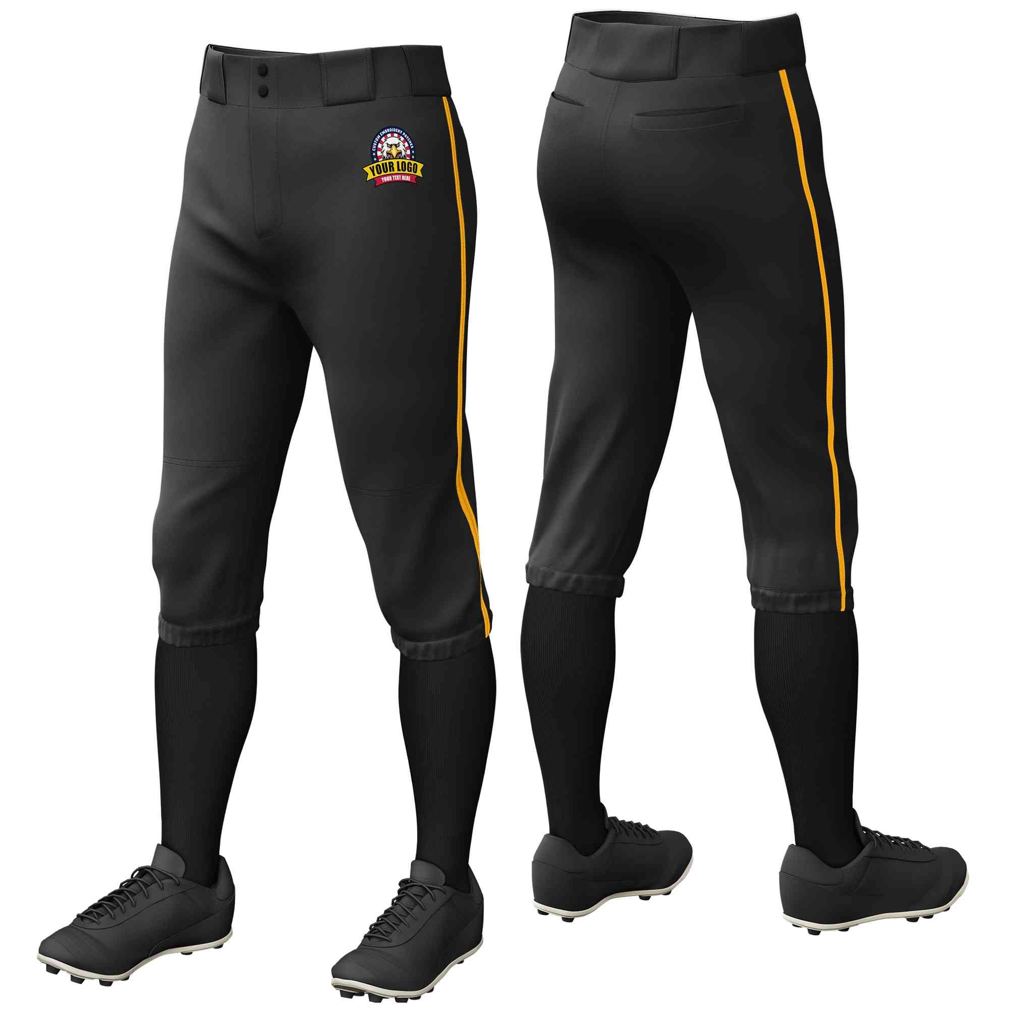 Pantalon de baseball personnalisé noir jaune, coupe classique, culotte d'entraînement extensible