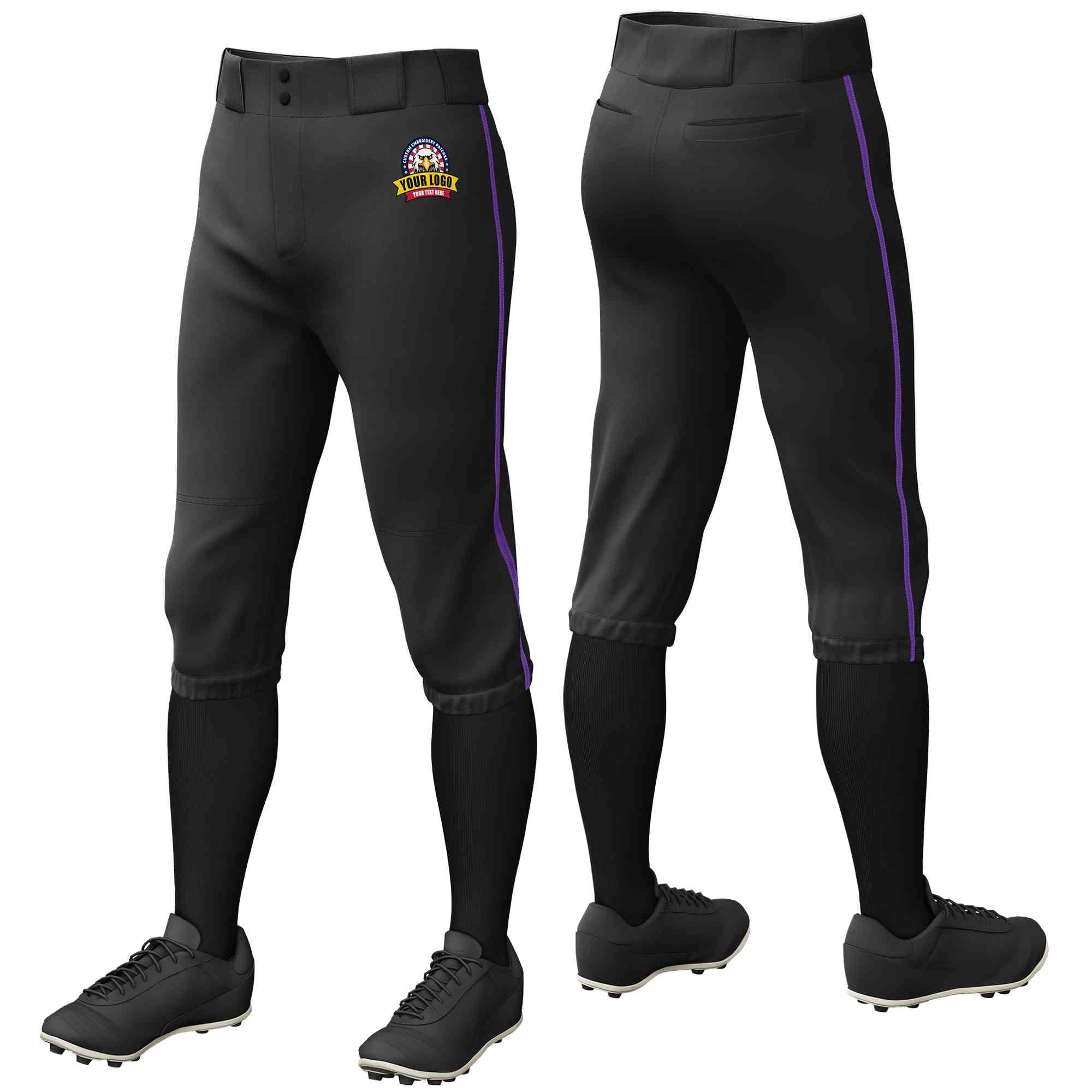 Pantalon de baseball personnalisé noir violet, coupe classique, culotte d'entraînement extensible