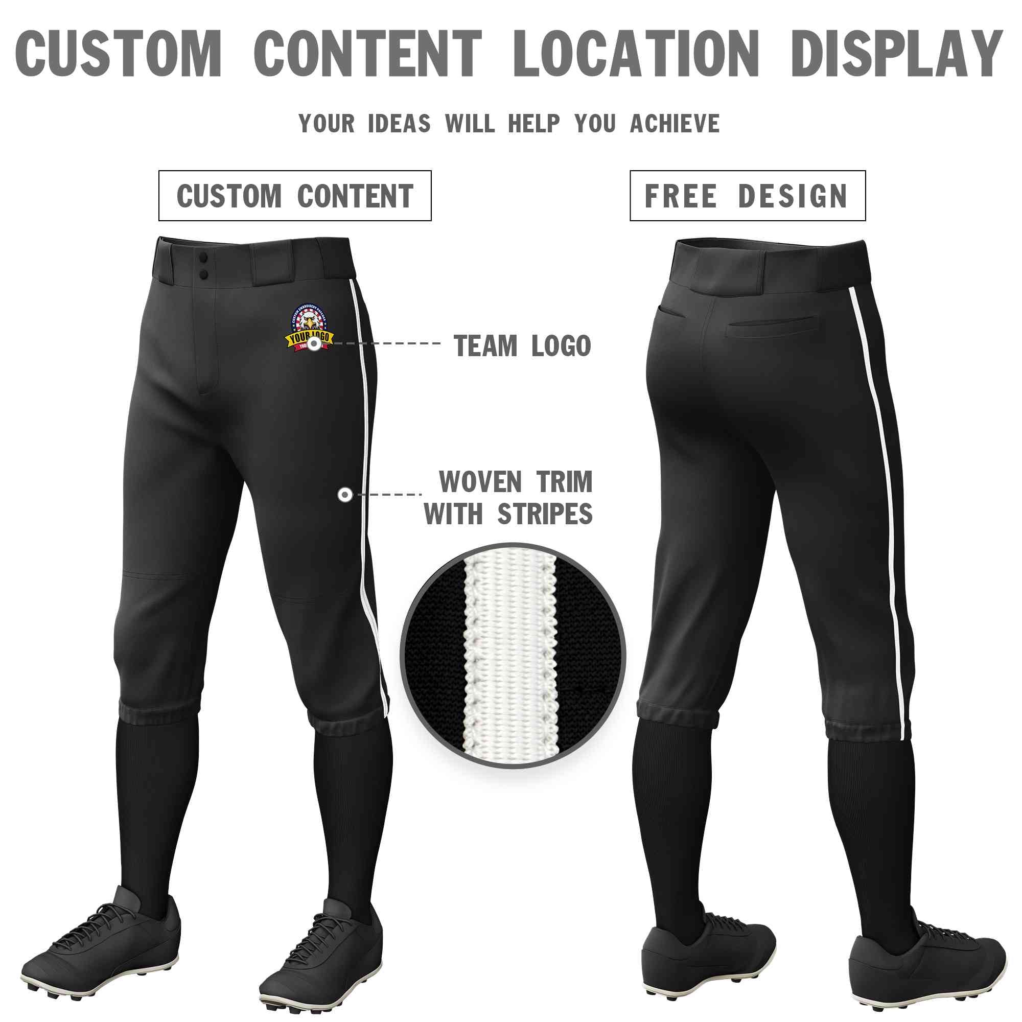 Pantalon de baseball personnalisé noir et blanc, coupe classique, culotte d'entraînement extensible