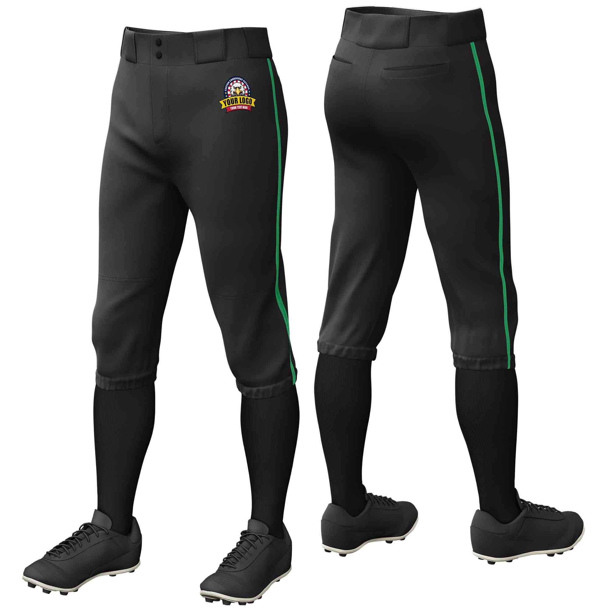 Pantalon de baseball personnalisé noir Kelly Green, coupe classique, culotte d'entraînement extensible