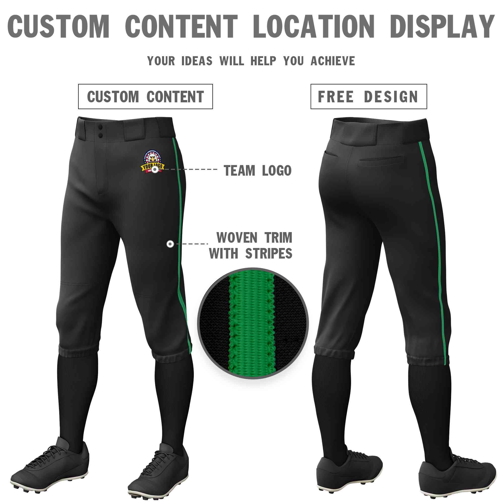 Pantalon de baseball personnalisé noir Kelly Green, coupe classique, culotte d'entraînement extensible