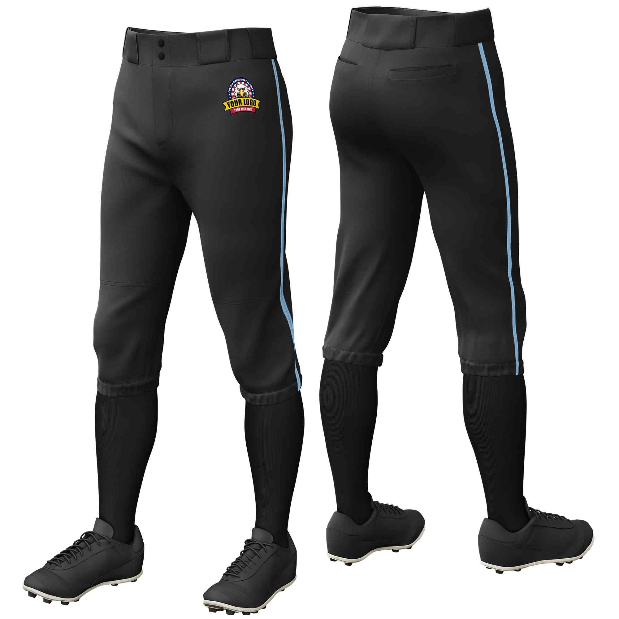 Pantalon de baseball personnalisé noir bleu clair, coupe classique, culotte d'entraînement extensible