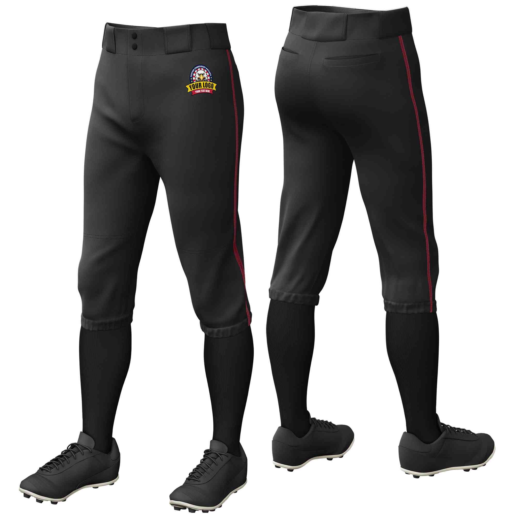 Pantalon de baseball personnalisé noir cramoisi, coupe classique, culotte d'entraînement extensible