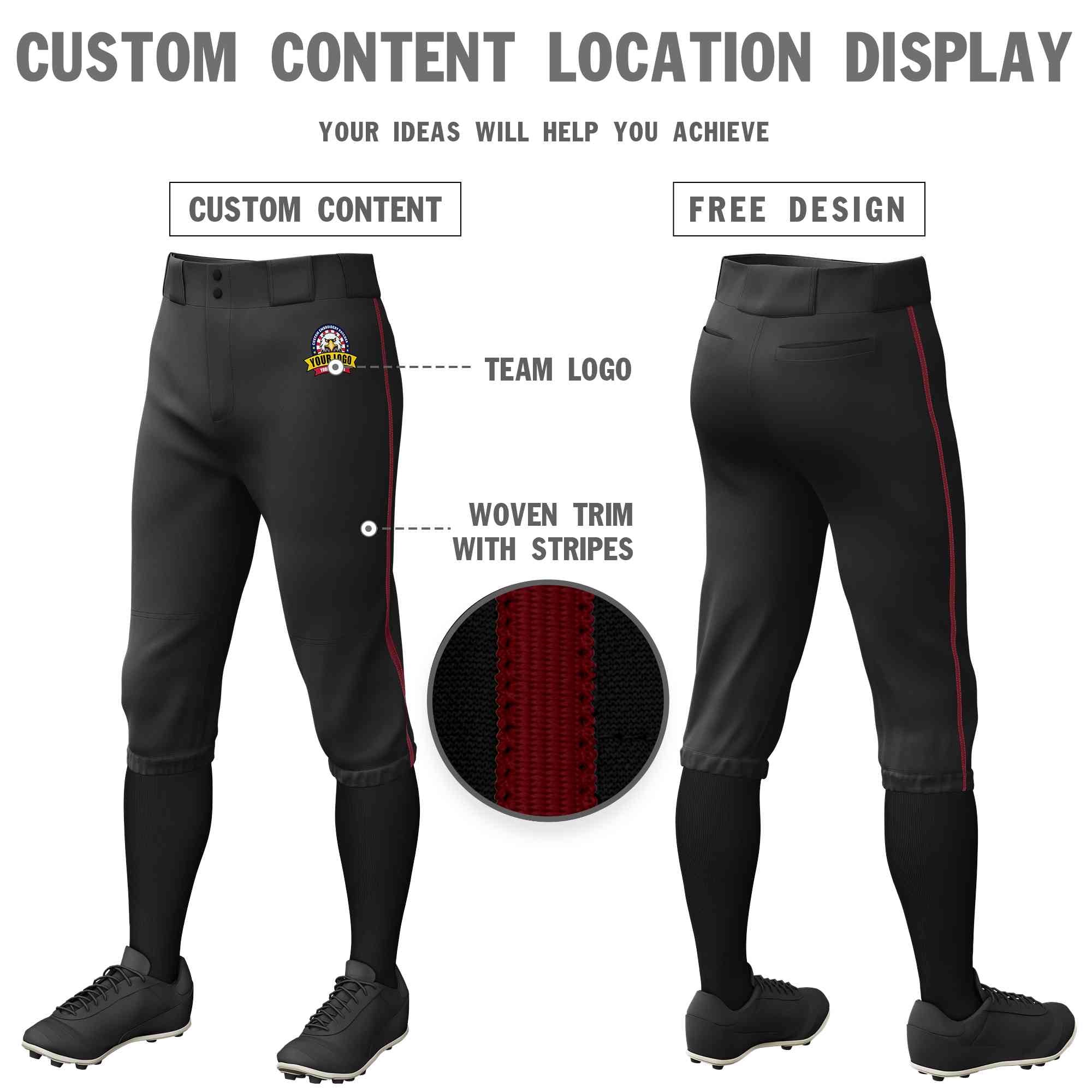 Pantalon de baseball personnalisé noir cramoisi, coupe classique, culotte d'entraînement extensible