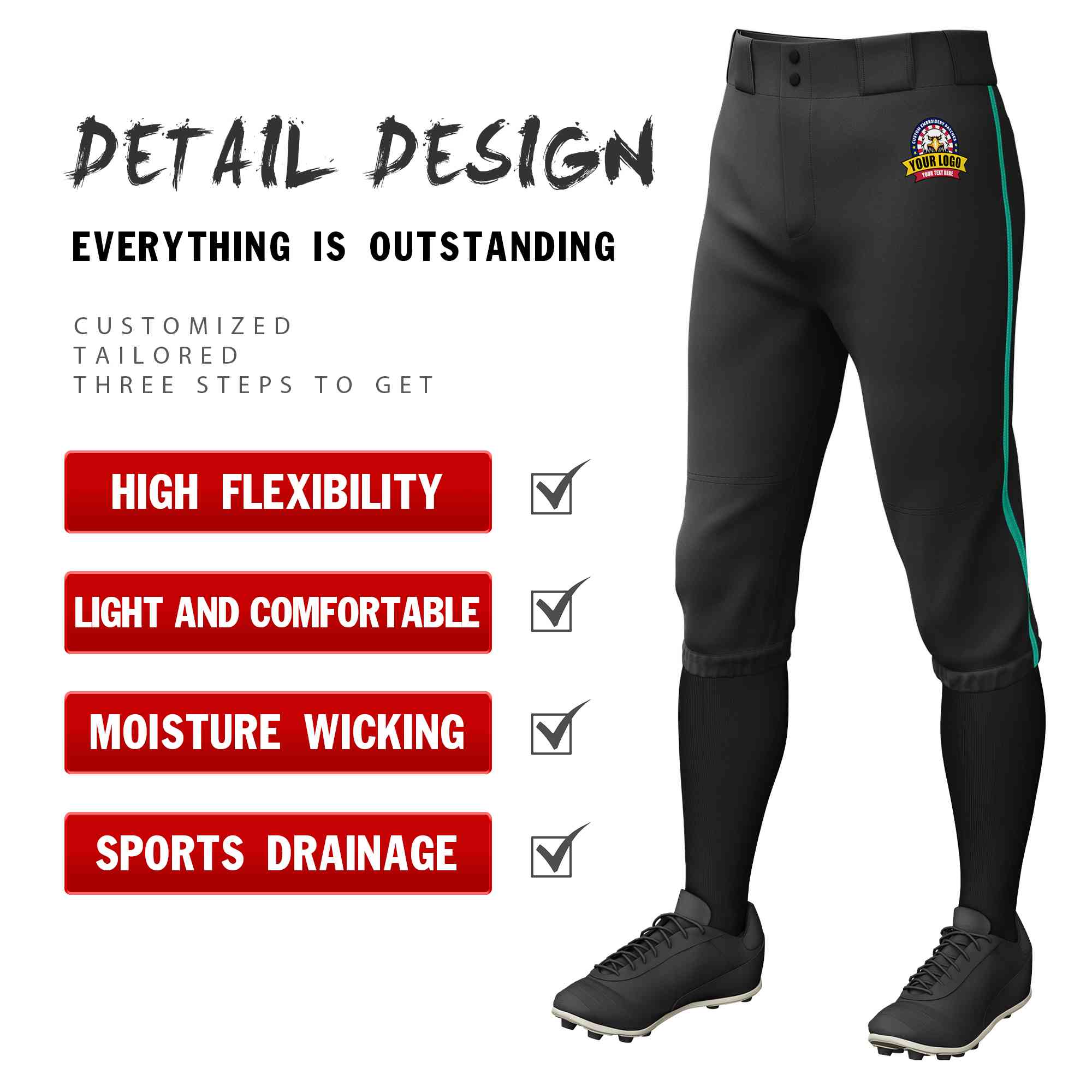 Custom Black Teal Classic Fit Stretch Practice Knickers Baseball Pants