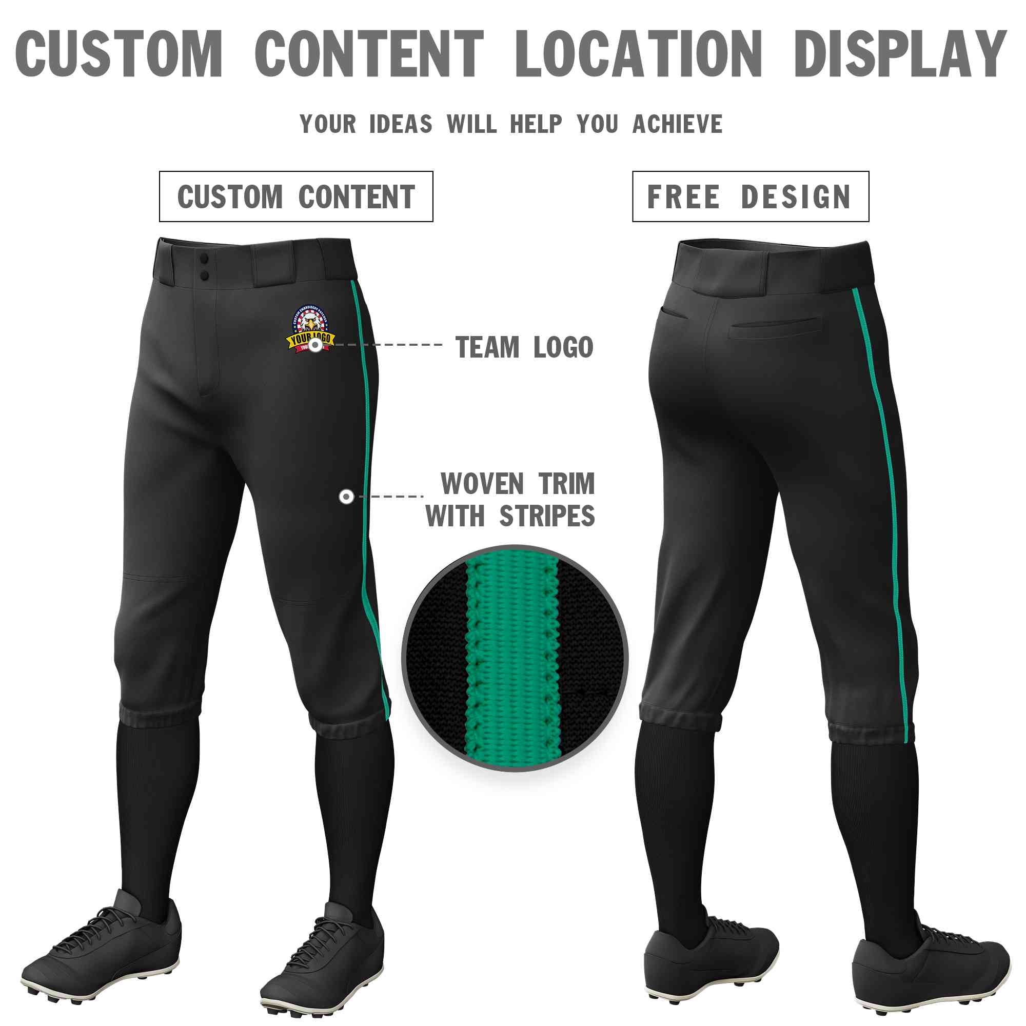 Custom Black Teal Classic Fit Stretch Practice Knickers Baseball Pants