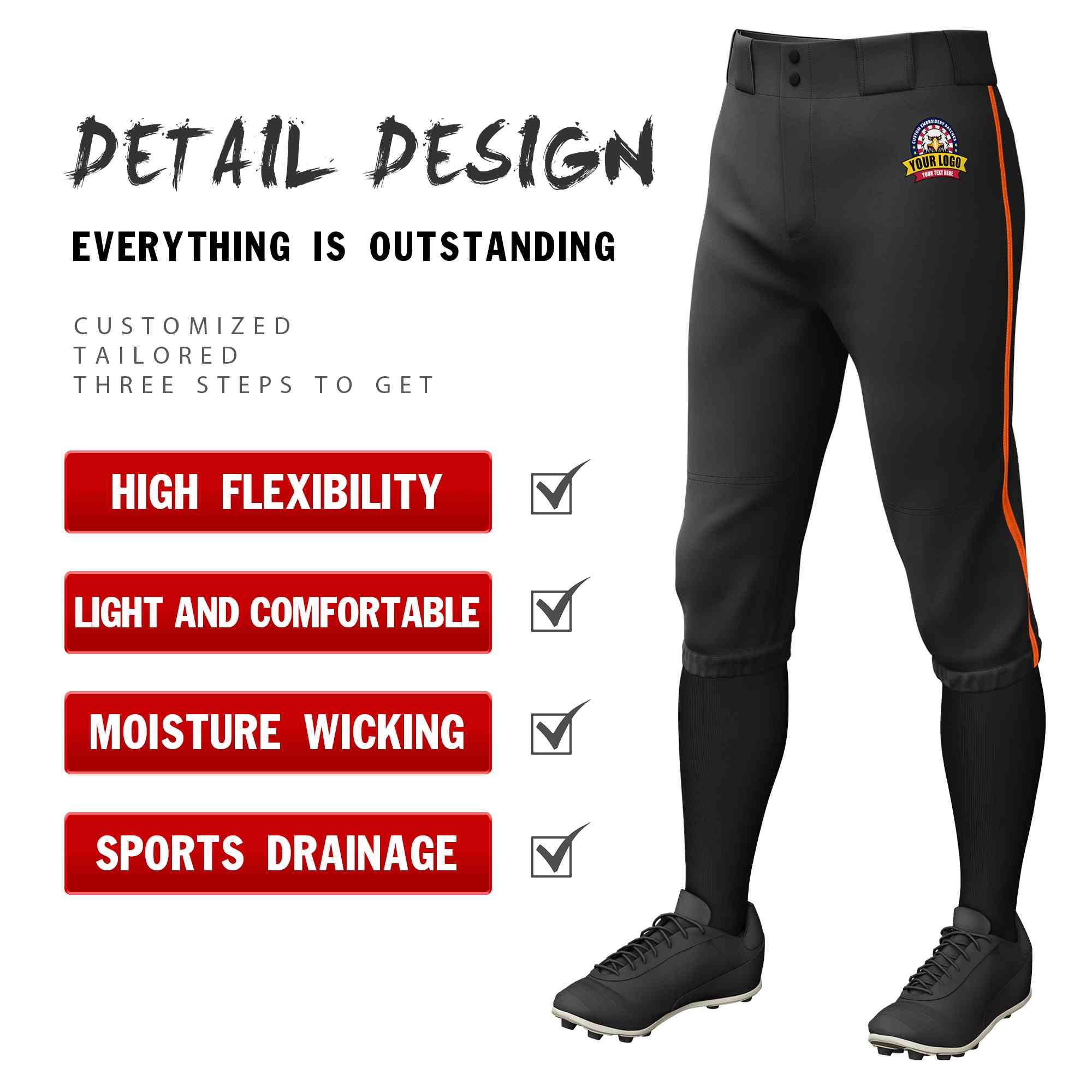 Pantalon de baseball personnalisé noir orange, coupe classique, culotte d'entraînement extensible