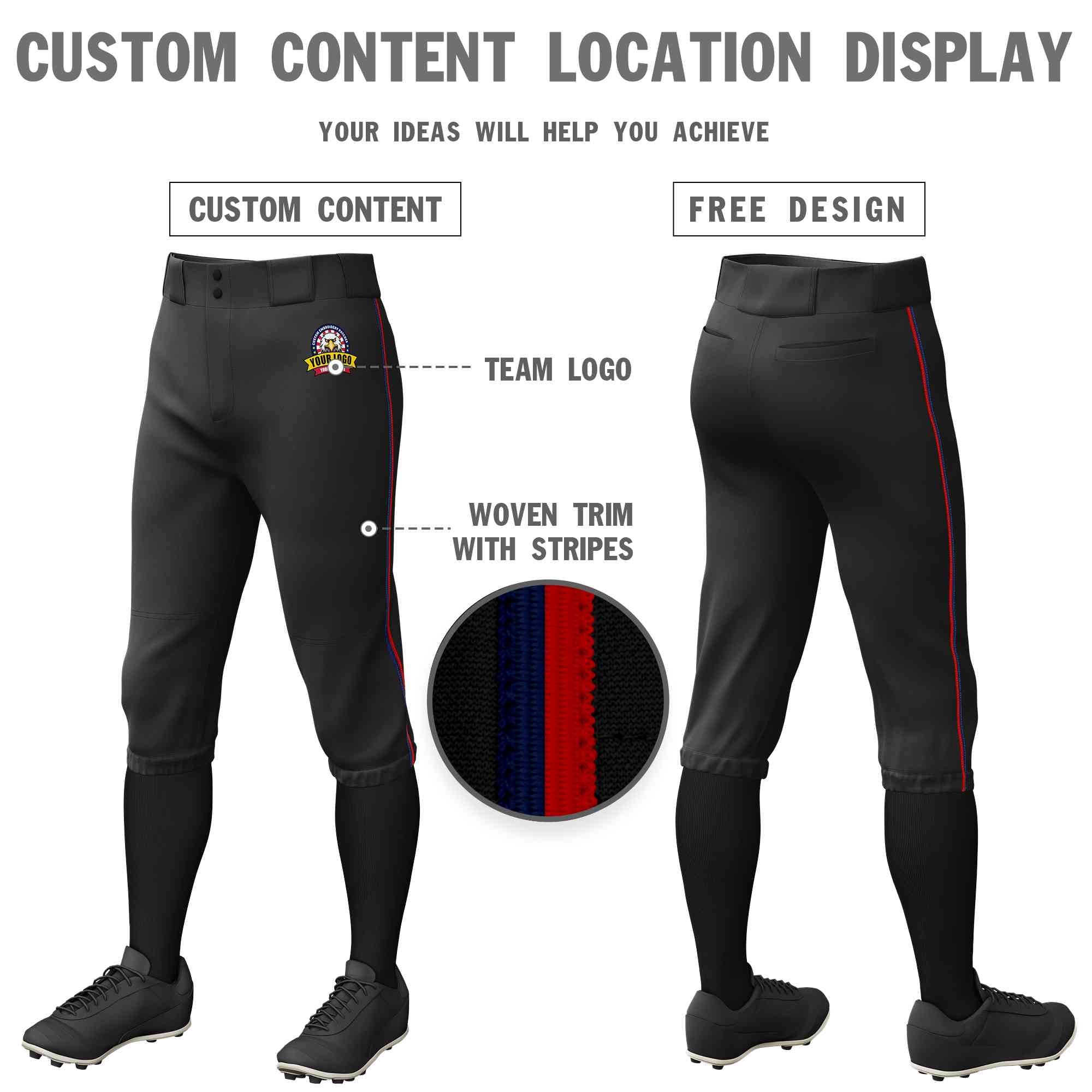 Pantalon de baseball personnalisé noir marine-rouge, coupe classique, culotte d'entraînement extensible