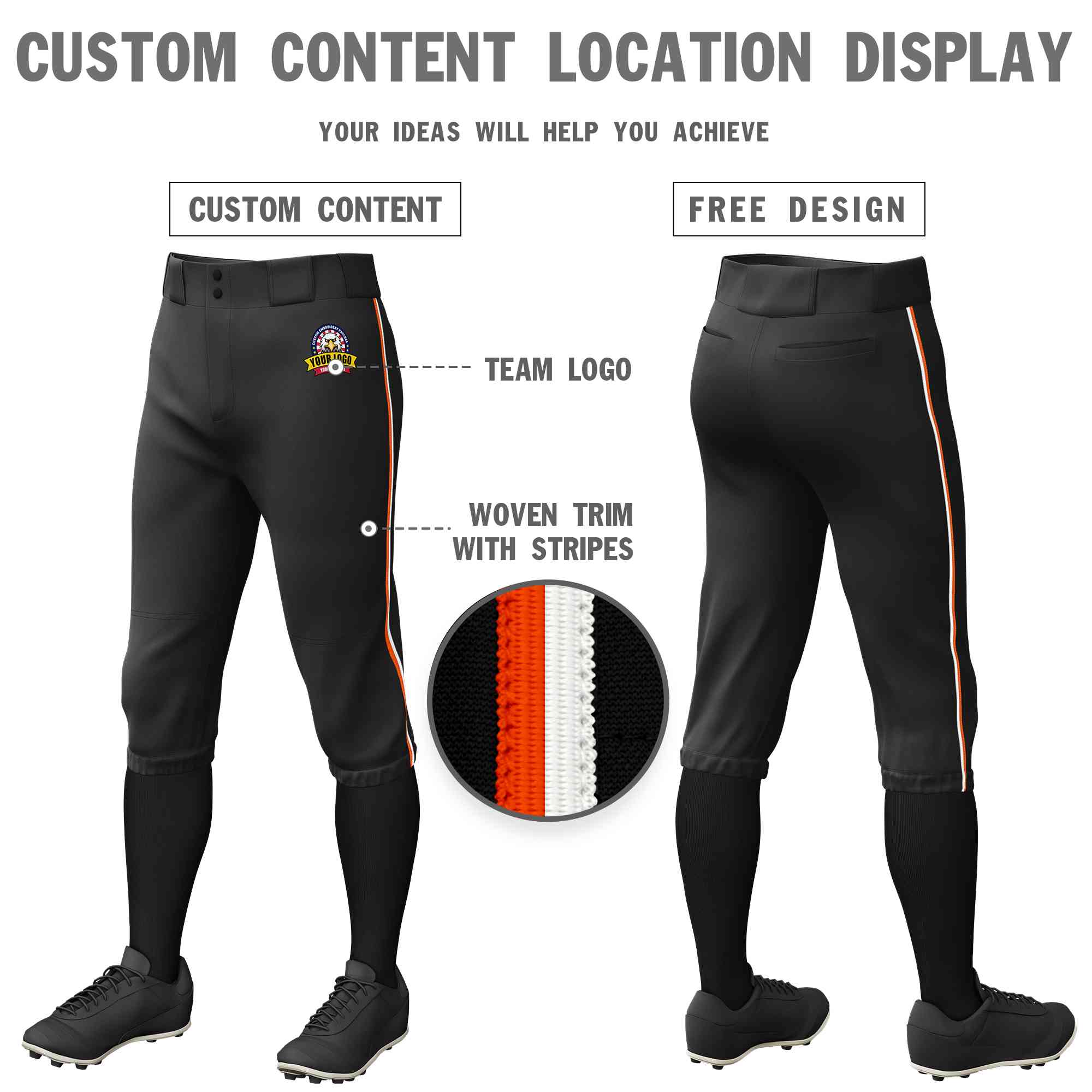 Pantalon de baseball personnalisé noir orange-blanc, coupe classique, culotte d'entraînement extensible