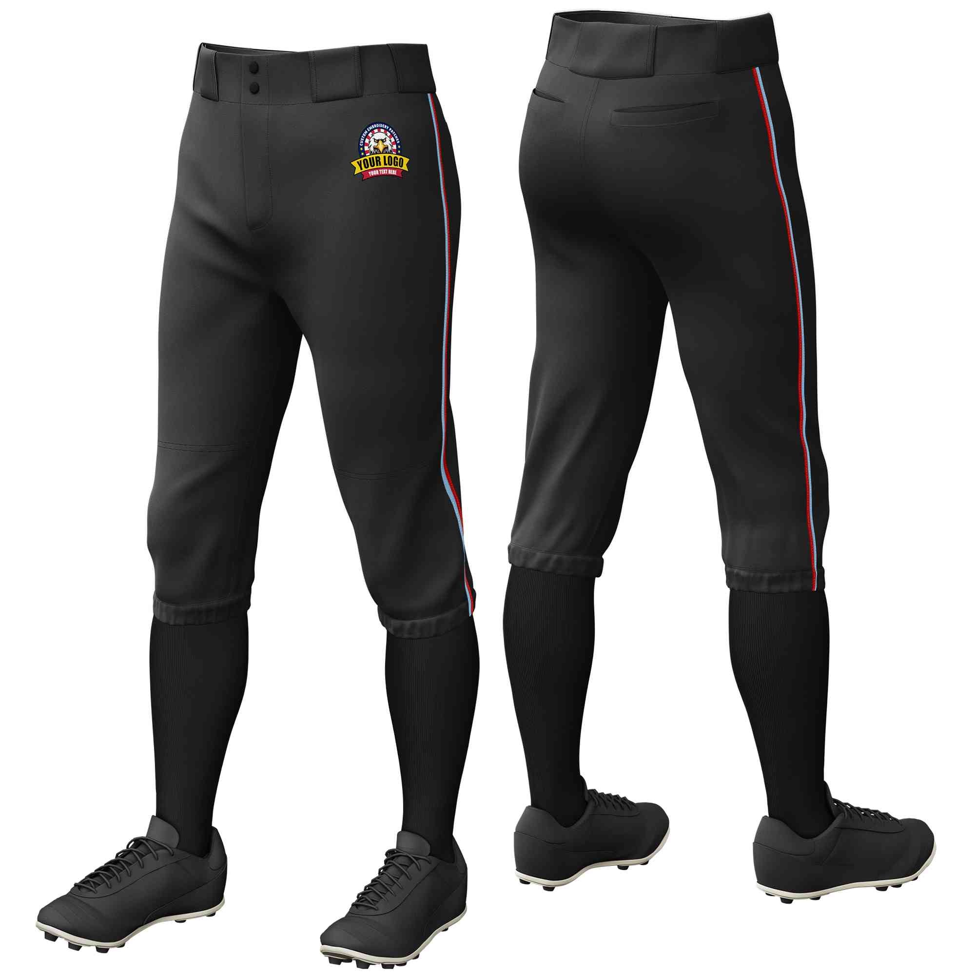 Pantalon de baseball personnalisé noir bleu clair-rouge, coupe classique, culotte d'entraînement extensible