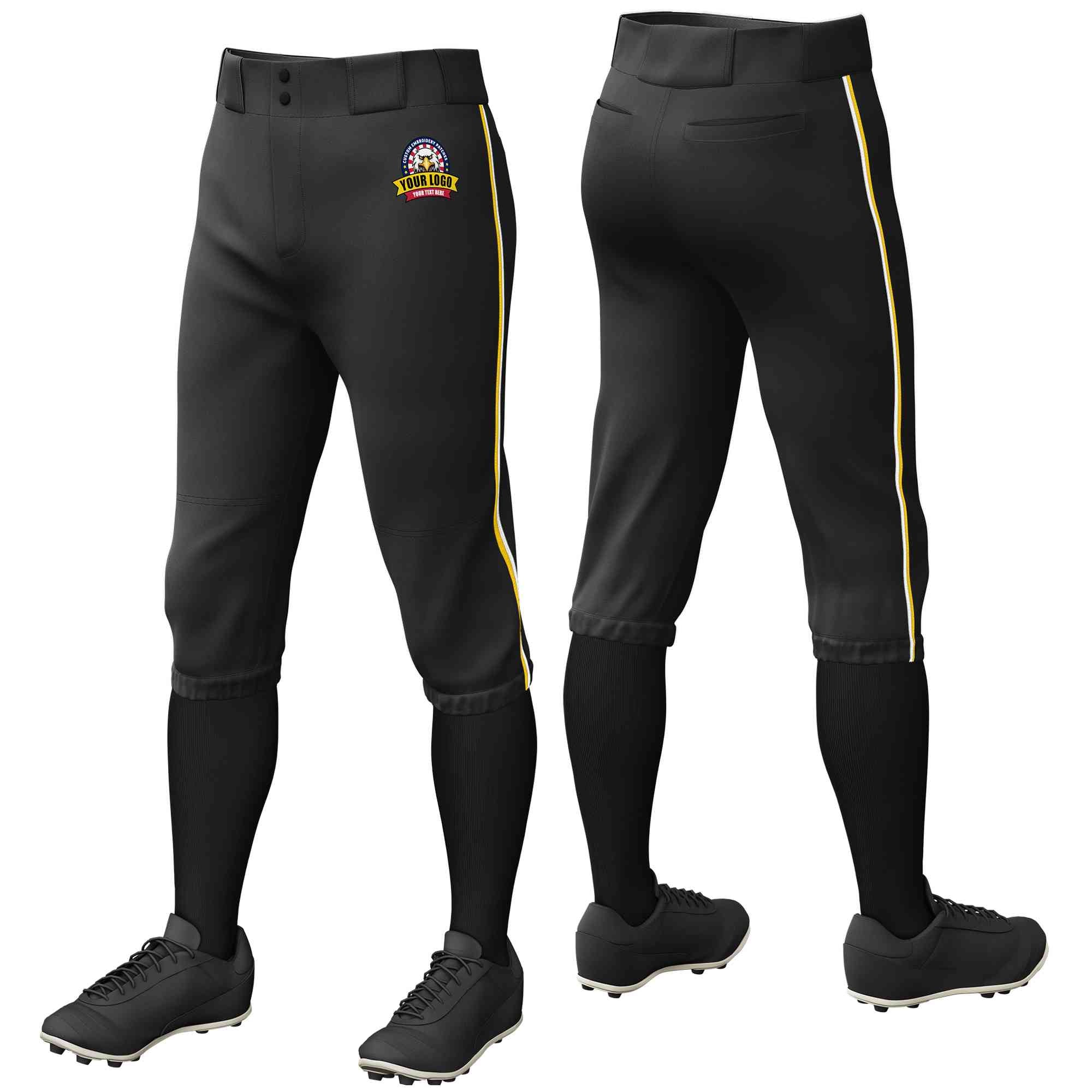 Pantalon de baseball personnalisé, noir, or et blanc, coupe classique, culotte d'entraînement extensible