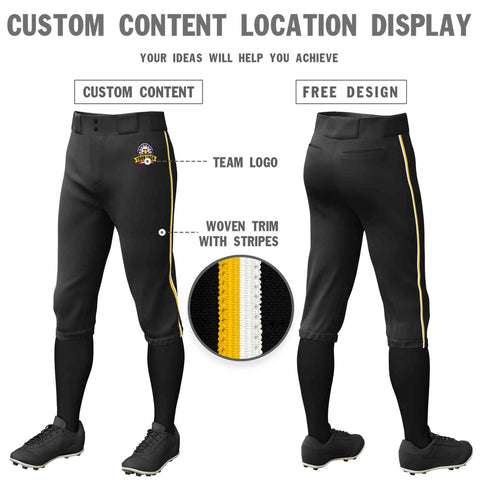 Custom Black Gold-White Classic Fit Stretch Practice Knickers Baseball Pants