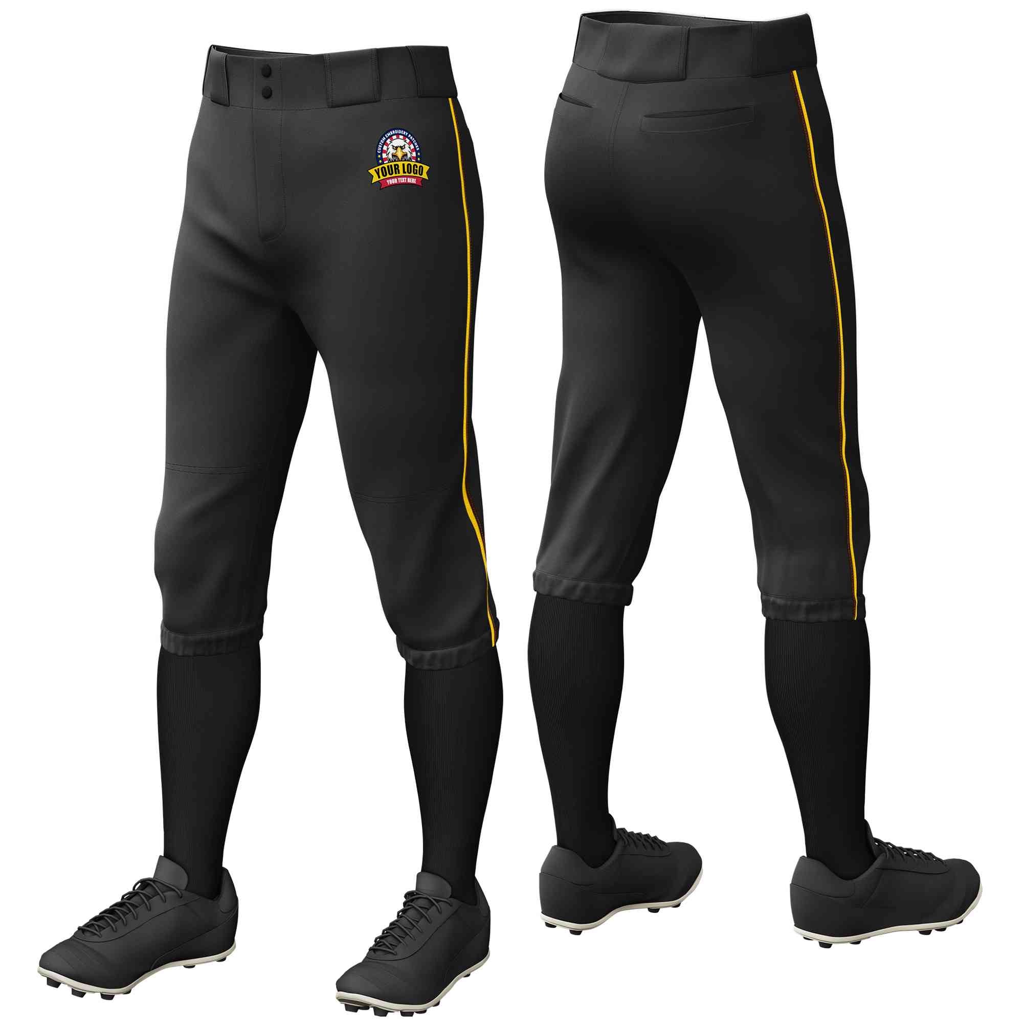 Pantalon de baseball personnalisé noir doré-marron, coupe classique, culotte d'entraînement extensible