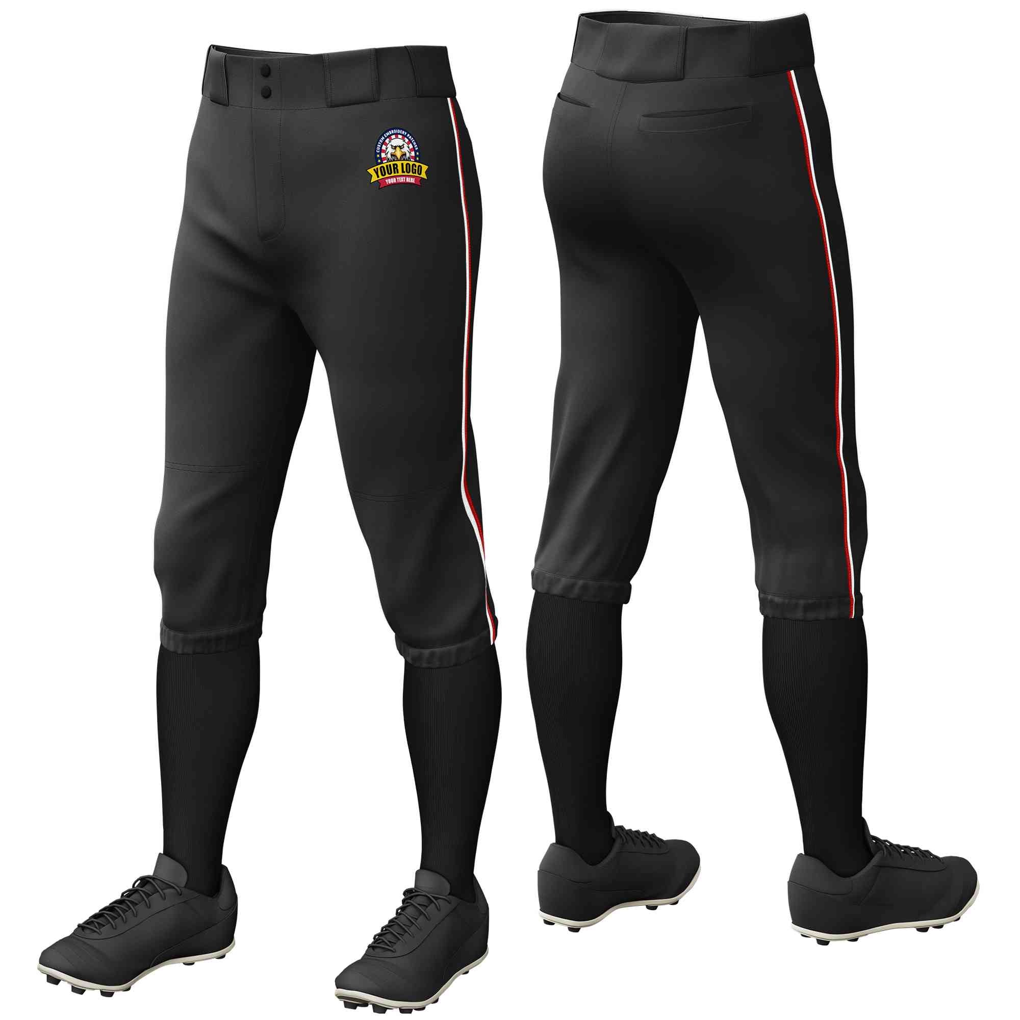 Pantalon de baseball personnalisé noir blanc-rouge, coupe classique, culotte d'entraînement extensible