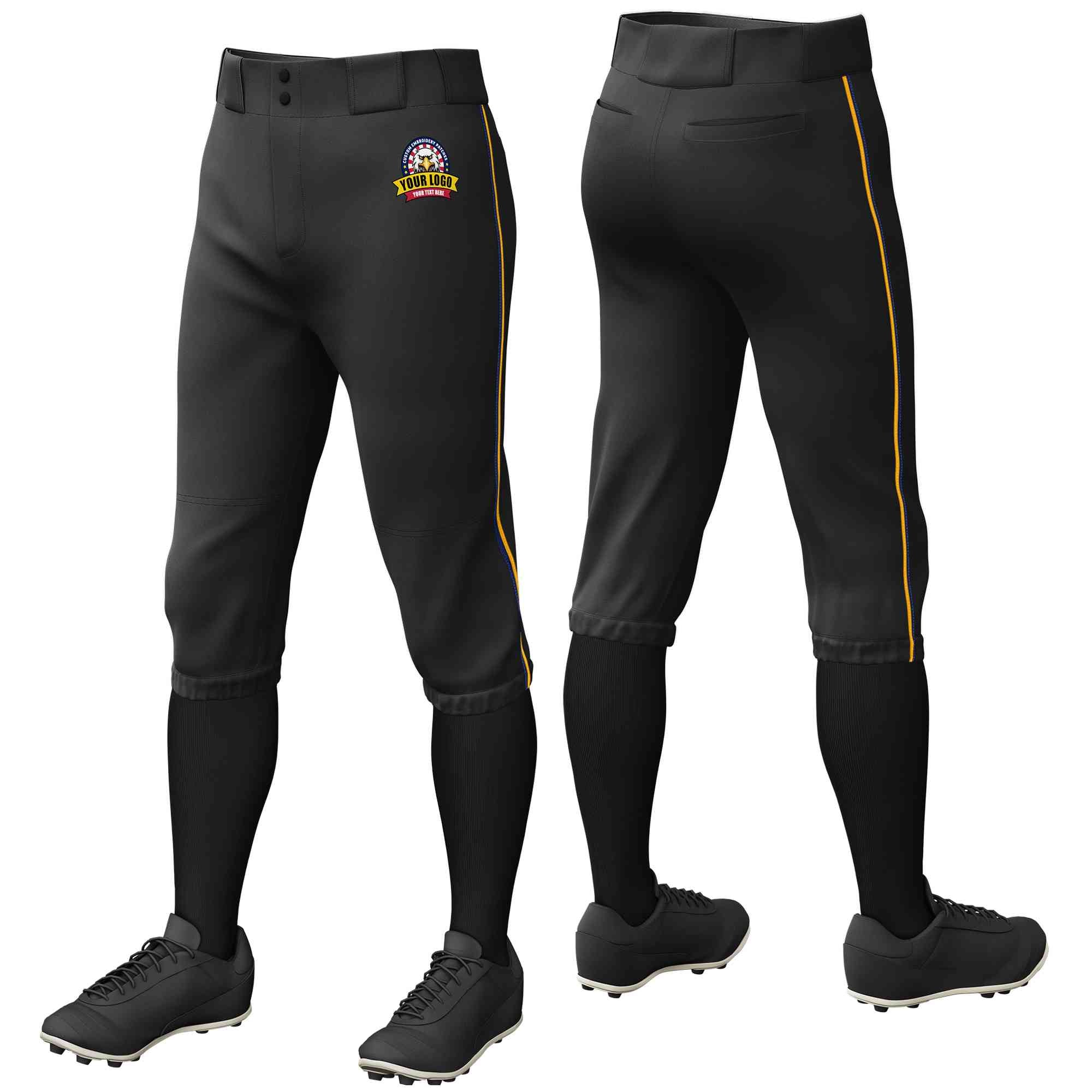 Pantalon de baseball personnalisé noir-jaune, coupe classique, culotte d'entraînement extensible