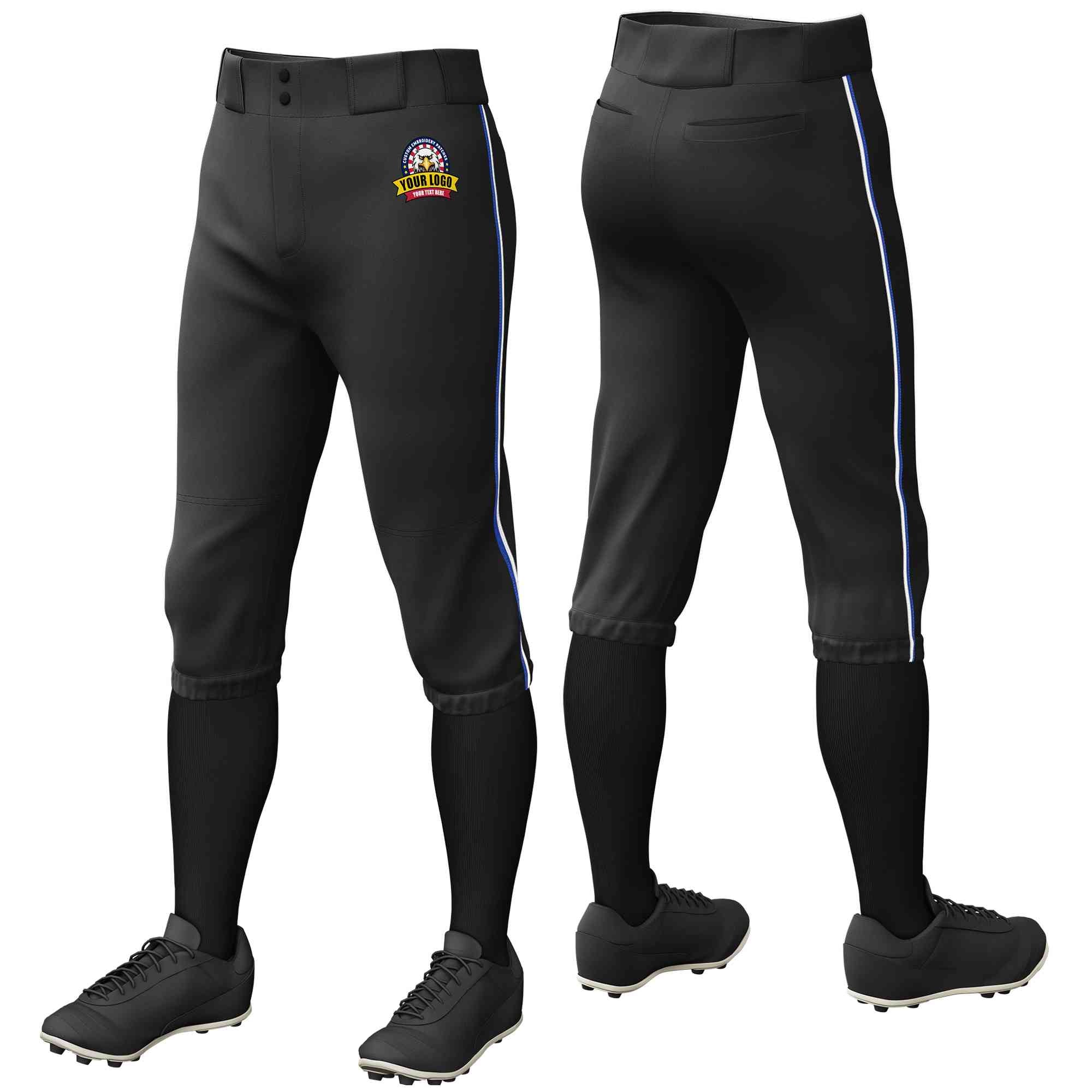 Pantalon de baseball personnalisé noir royal-blanc, coupe classique, culotte d'entraînement extensible