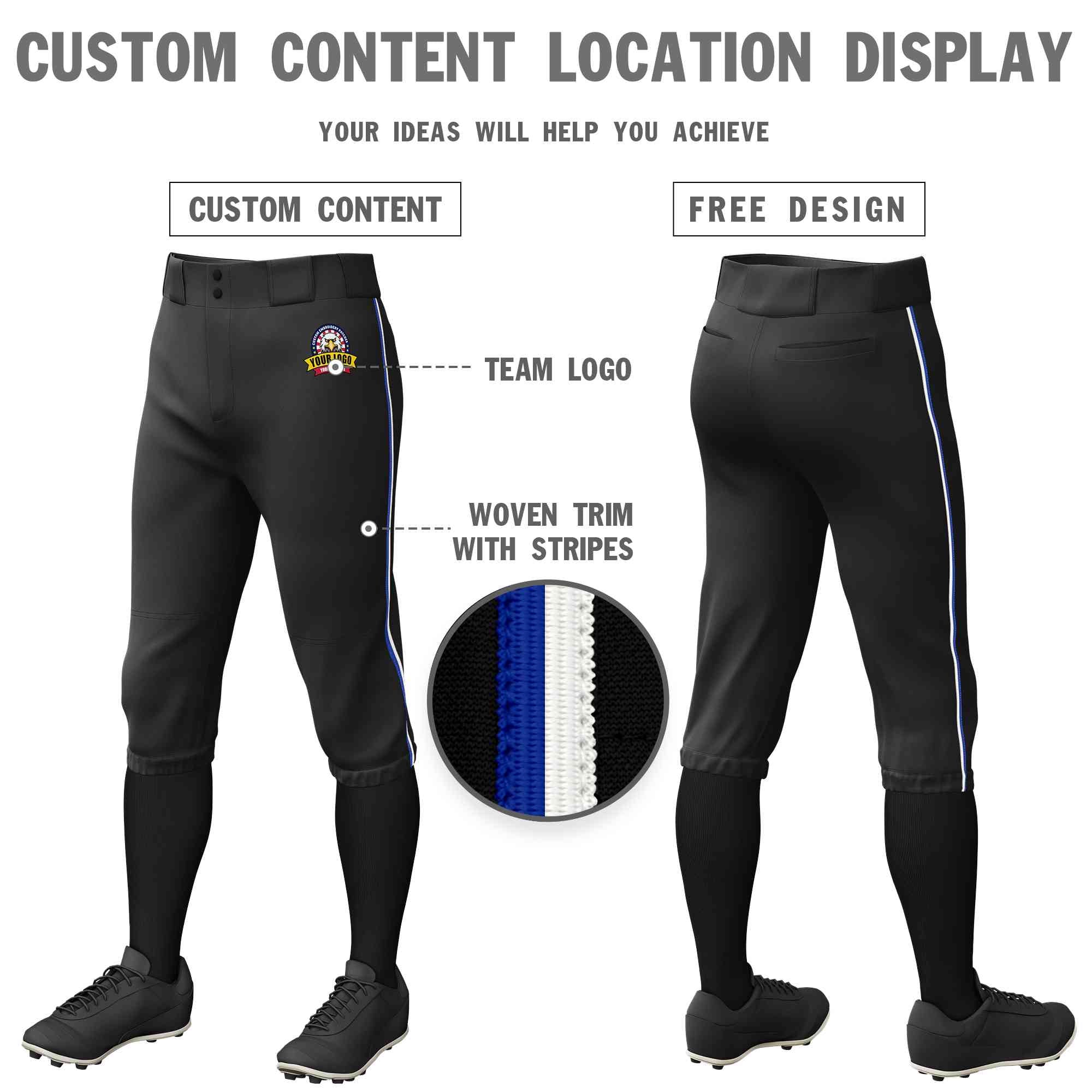 Pantalon de baseball personnalisé noir royal-blanc, coupe classique, culotte d'entraînement extensible