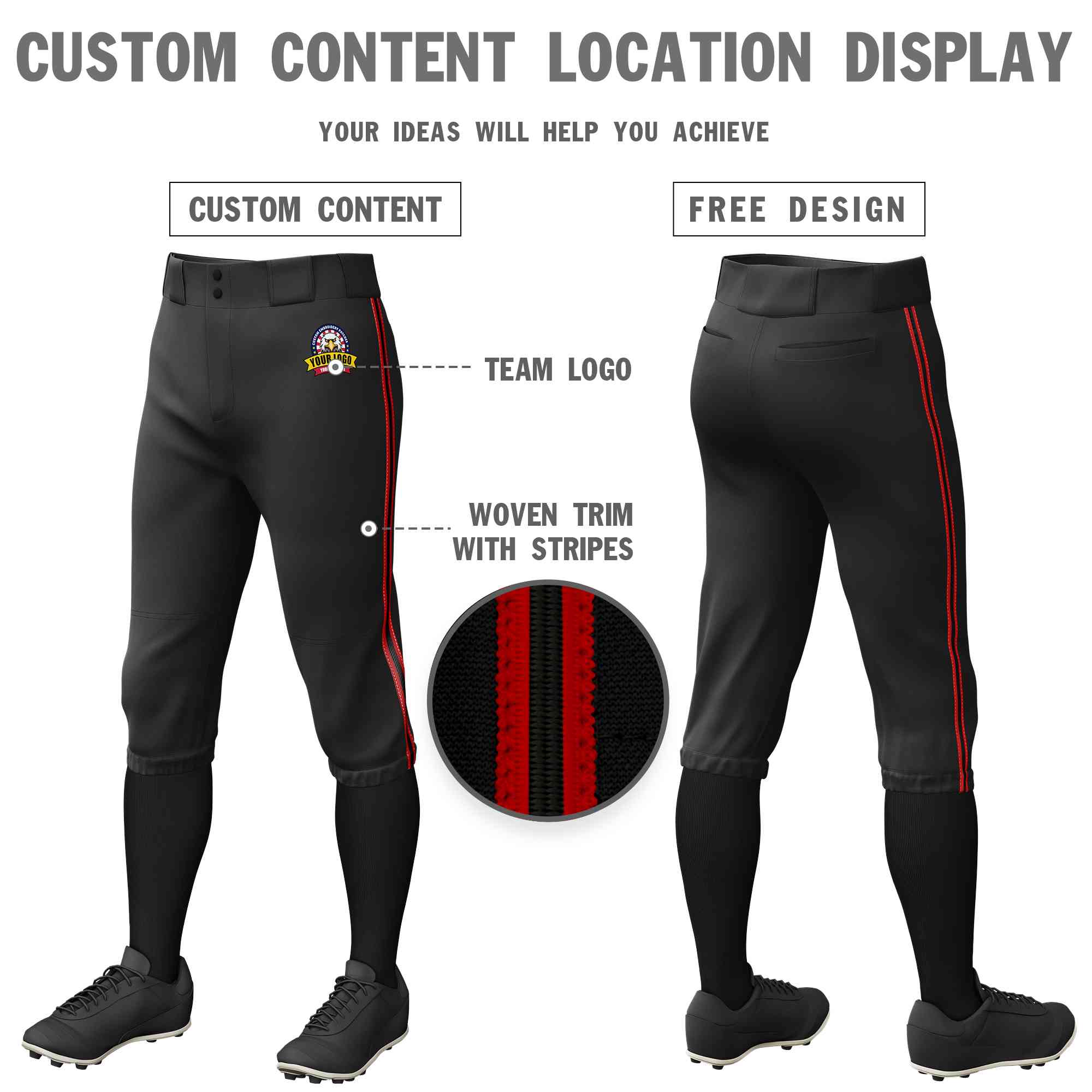 Custom Black Red Black-Red Classic Fit Stretch Practice Knickers Baseball Pants