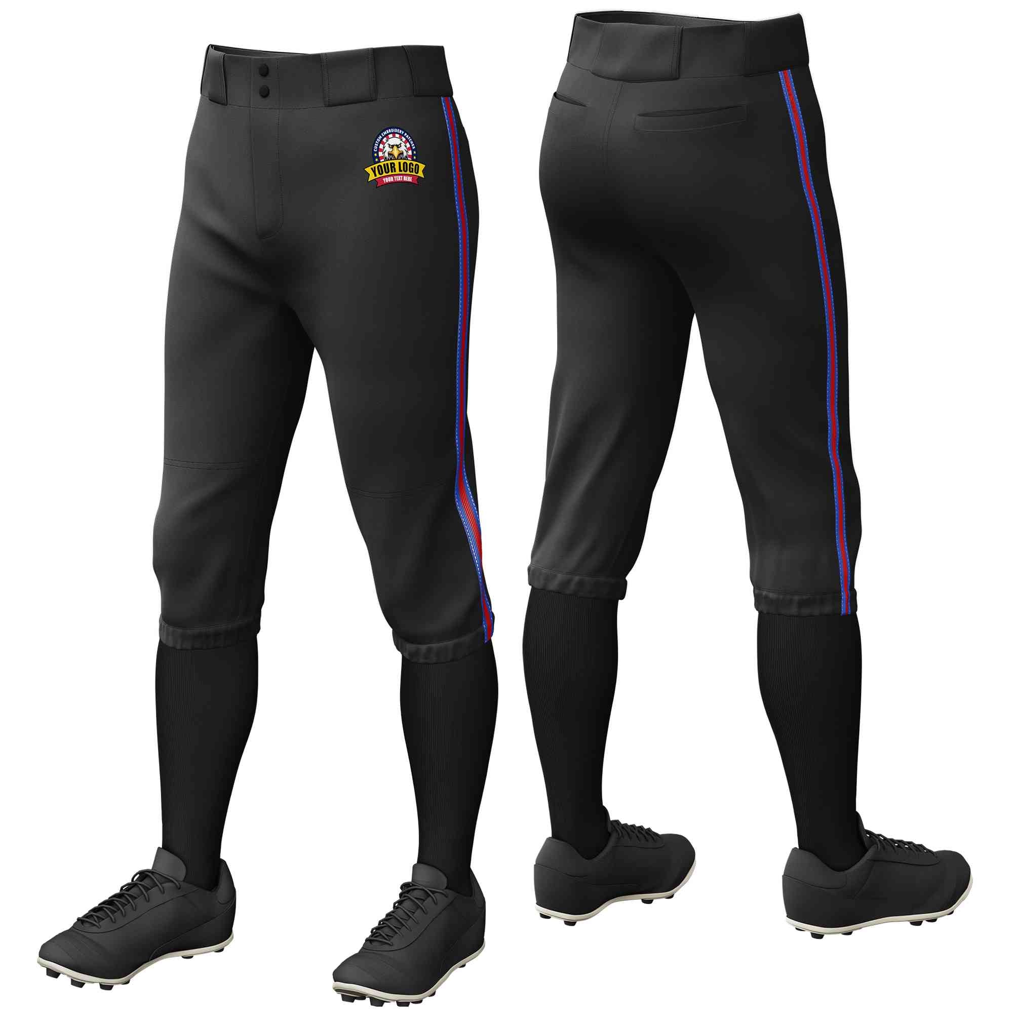 Pantalon de baseball personnalisé noir royal rouge-royal, coupe classique, culotte d'entraînement extensible