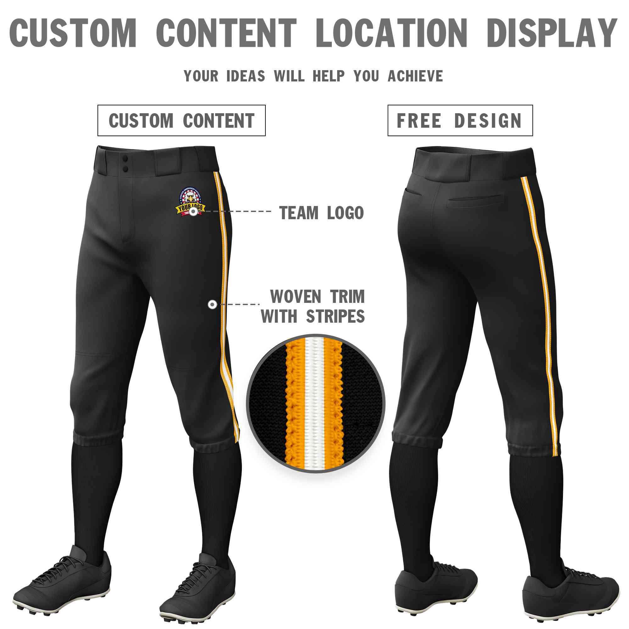 Custom Black Yellow White-Yellow Classic Fit Stretch Practice Knickers Baseball Pants