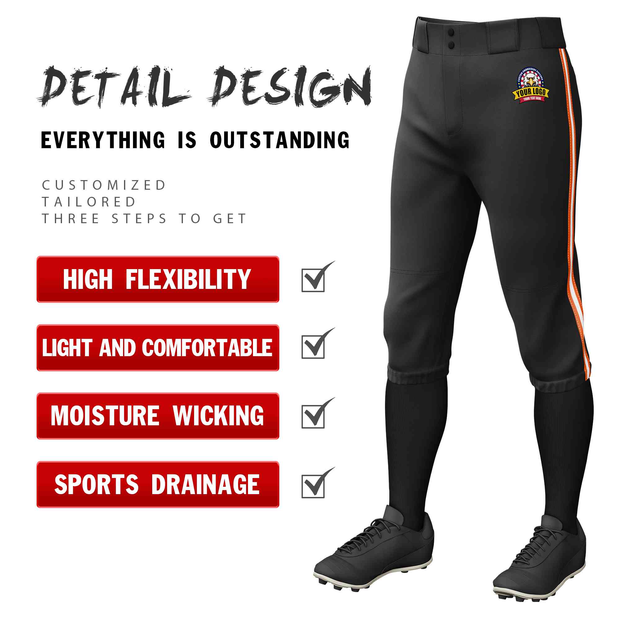 Pantalon de baseball personnalisé, noir, orange, blanc-orange, coupe classique, culotte d'entraînement extensible