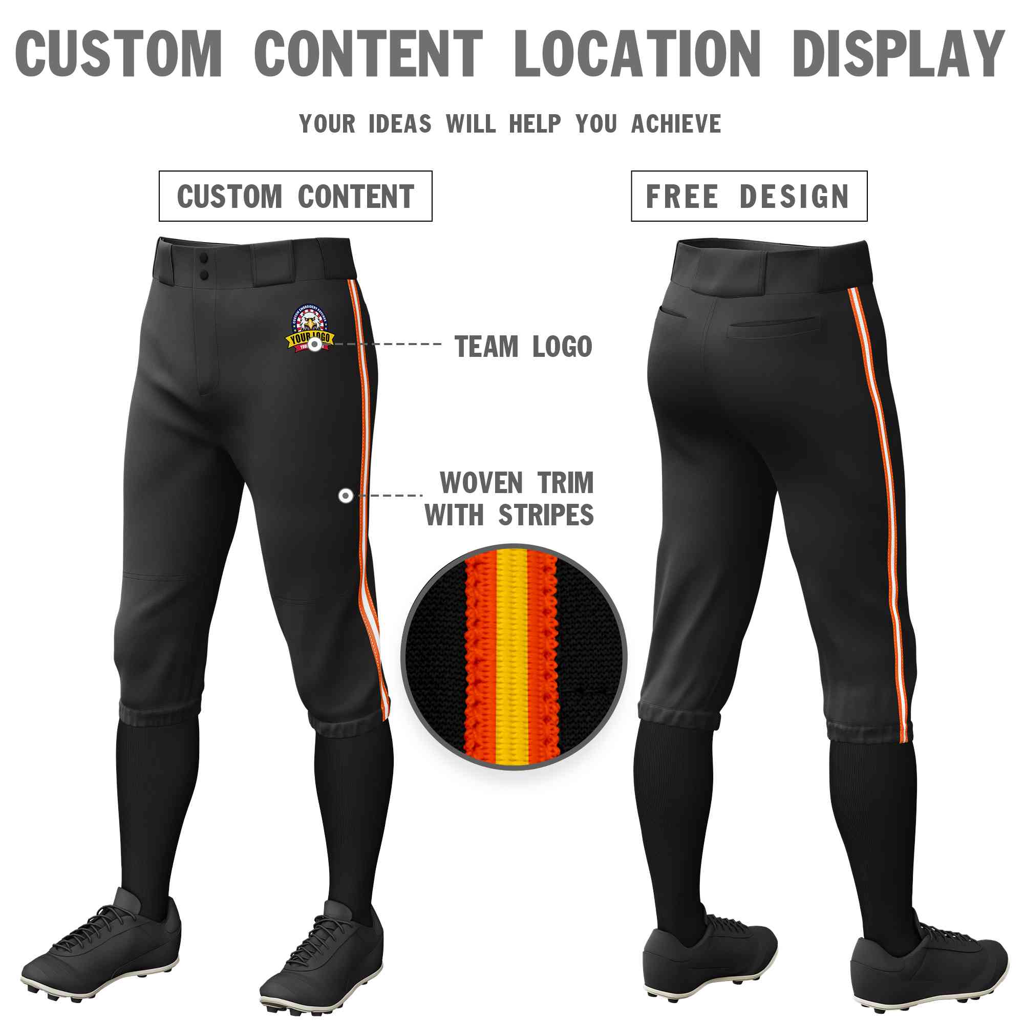 Custom Black Orange White-Orange Classic Fit Stretch Practice Knickers Baseball Pants