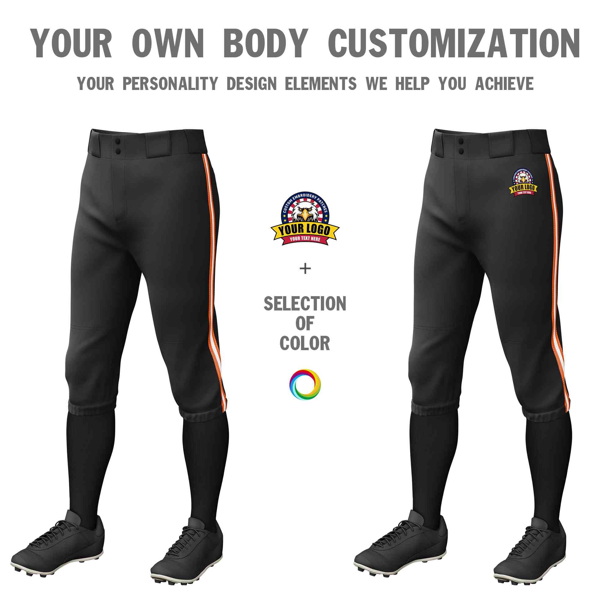 Custom Black Orange White-Orange Classic Fit Stretch Practice Knickers Baseball Pants