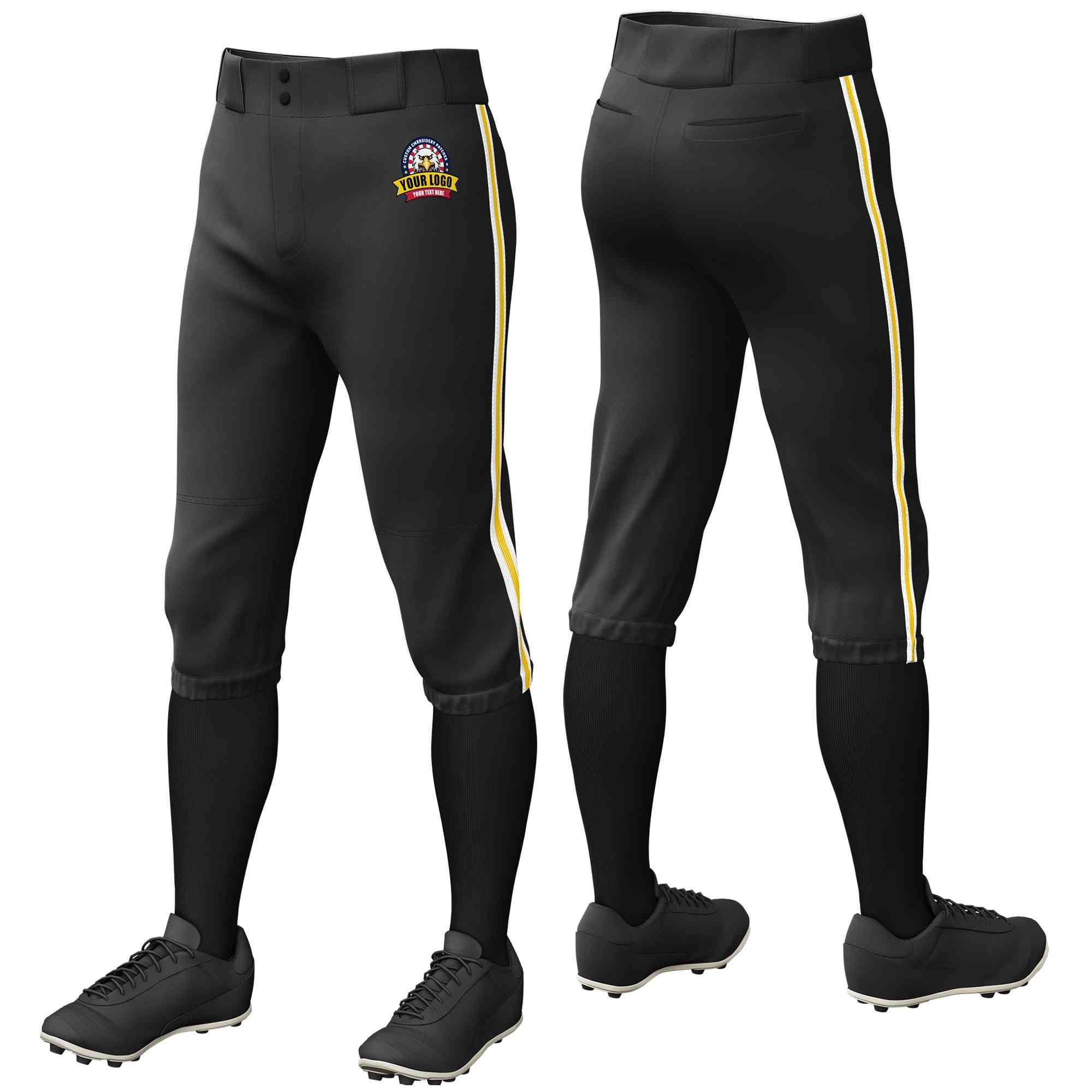 Pantalon de baseball personnalisé, noir, blanc, or-blanc, coupe classique, culotte d'entraînement extensible