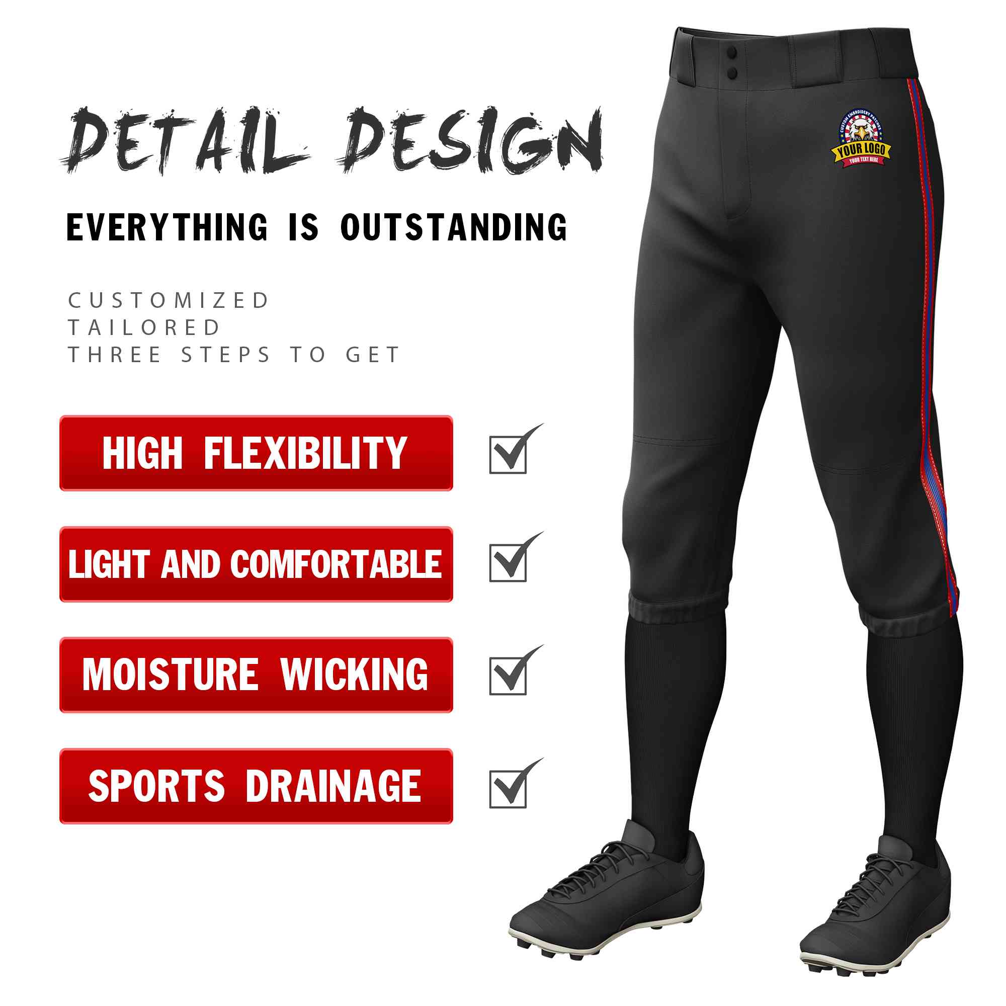 Custom Black Red Royal-Red Classic Fit Stretch Practice Knickers Baseball Pants