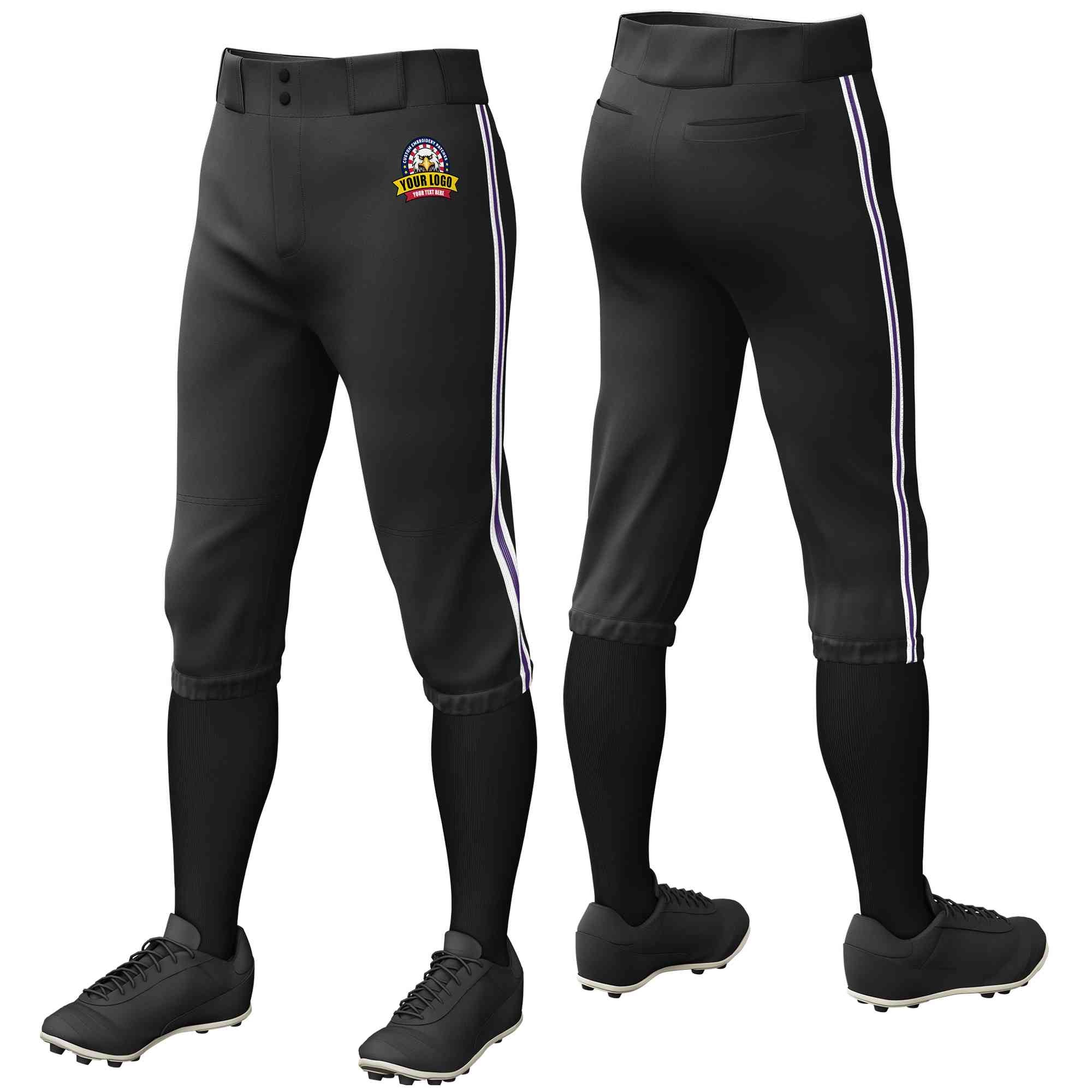 Pantalon de baseball personnalisé, noir, blanc, violet-blanc, coupe classique, culotte d'entraînement extensible