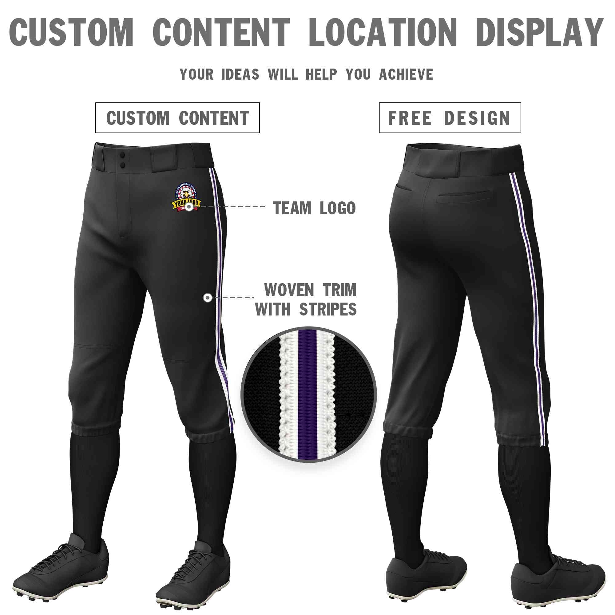 Pantalon de baseball personnalisé, noir, blanc, violet-blanc, coupe classique, culotte d'entraînement extensible