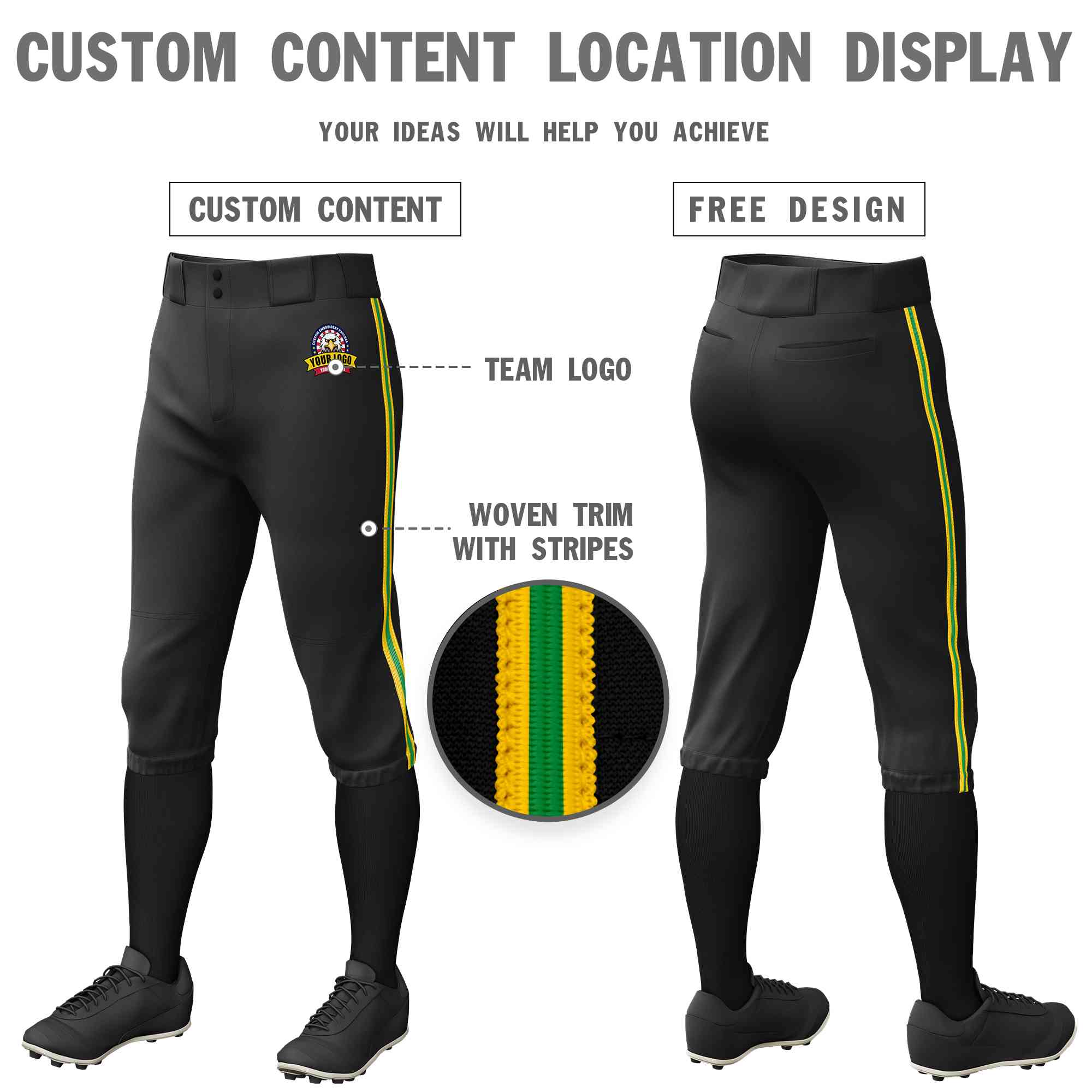 Custom Black Gold Kelly Green-Gold Classic Fit Stretch Practice Knickers Pantalon de baseball