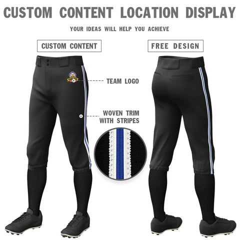 Custom Black White Royal-White Classic Fit Stretch Practice Knickers Baseball Pants