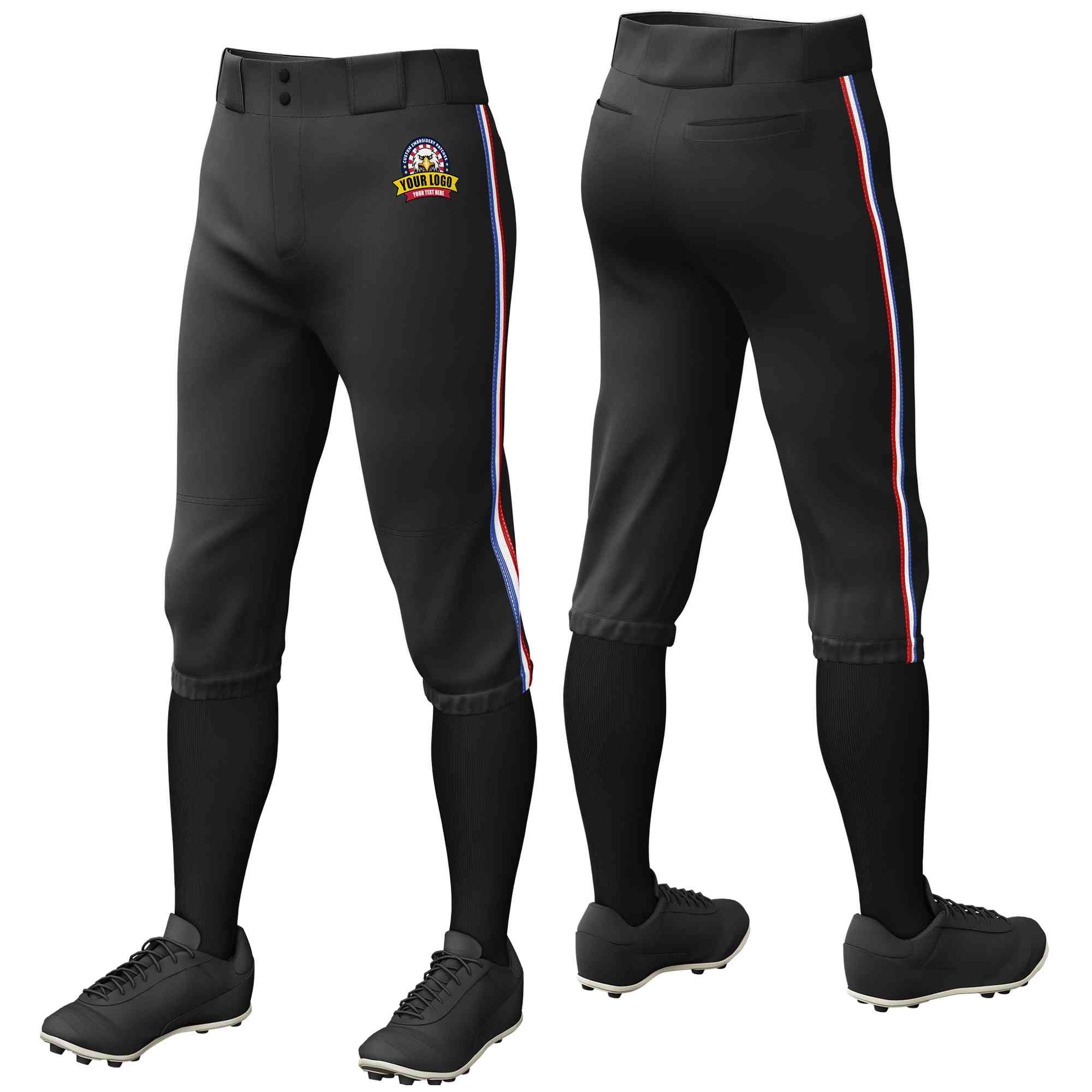 Pantalon de baseball personnalisé noir royal blanc-rouge, coupe classique, culotte d'entraînement extensible