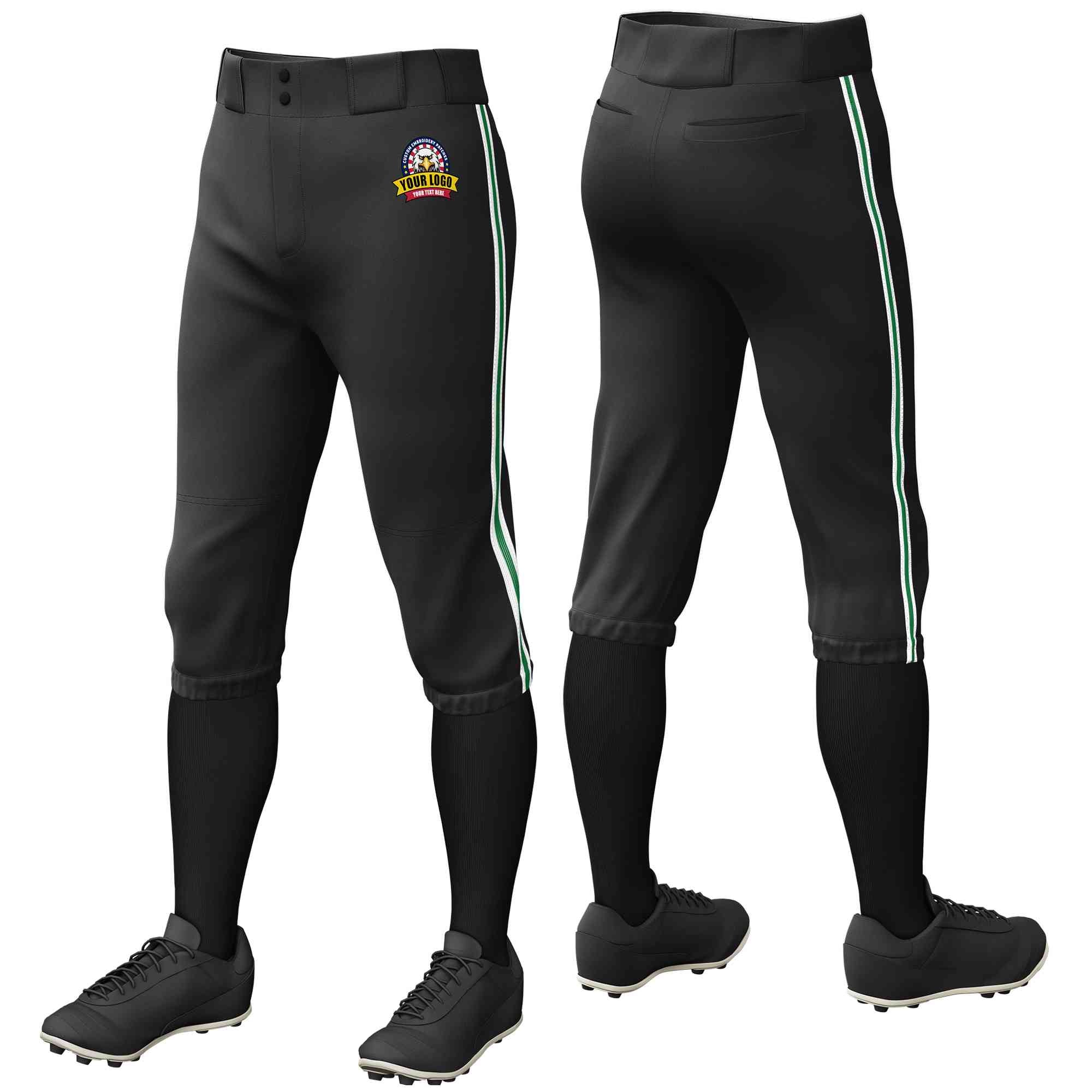 Pantalon de baseball personnalisé noir blanc Kelly vert-blanc, coupe classique, culotte d'entraînement extensible