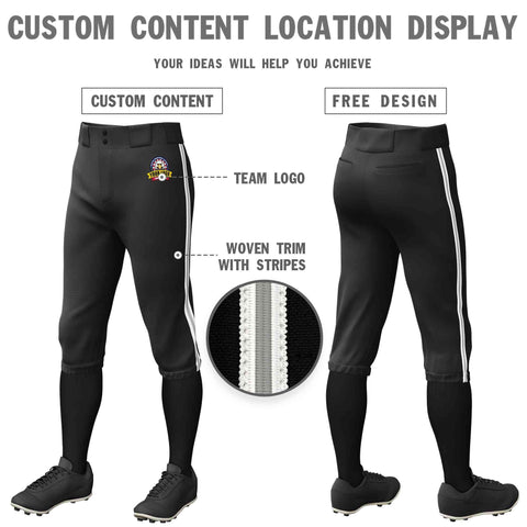 Custom Black White Gray-White Classic Fit Stretch Practice Knickers Baseball Pants