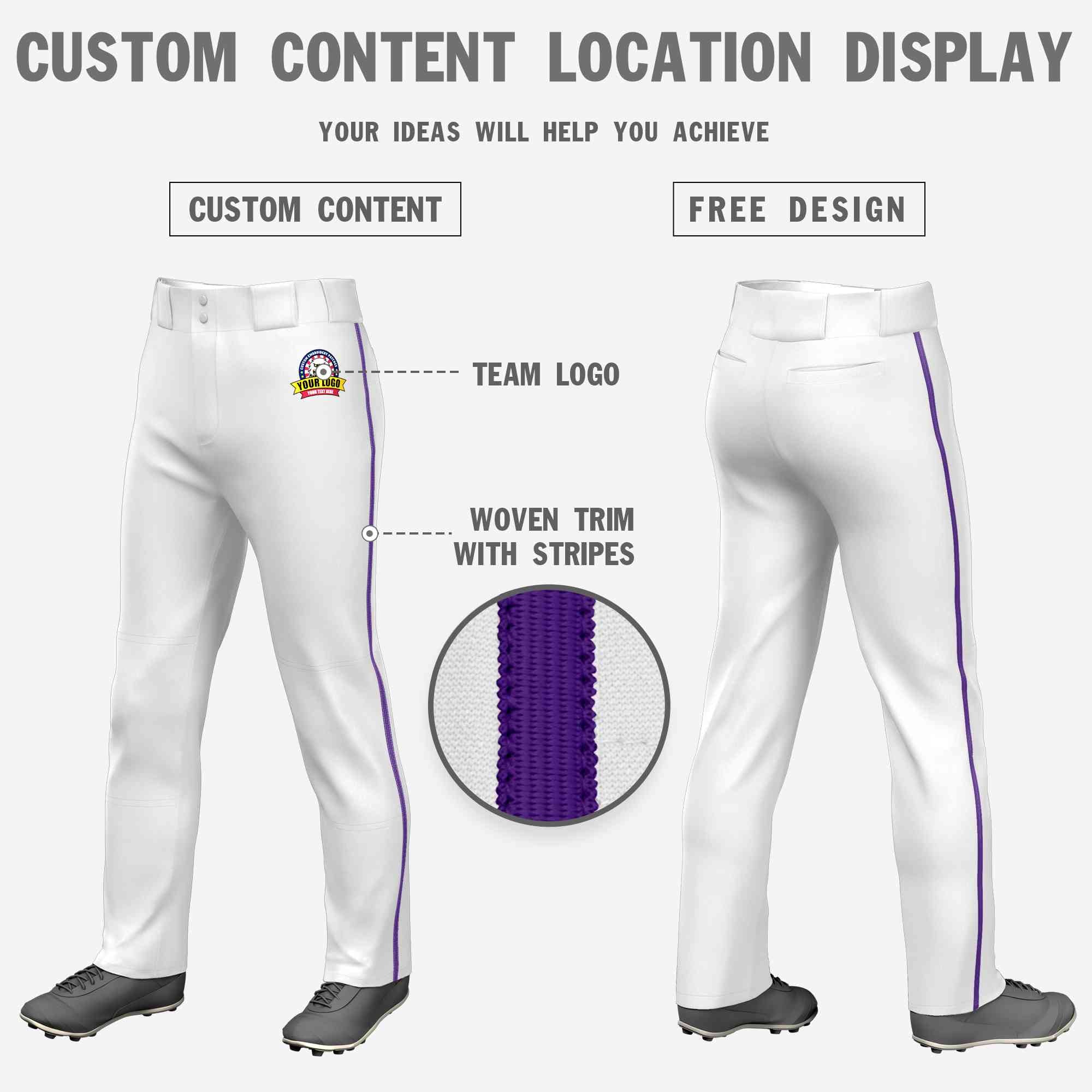 Pantalon de baseball coupe ample, coupe classique, extensible, personnalisé, blanc, violet