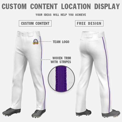 Custom White Purple Classic Fit Stretch Practice Loose-fit Baseball Pants