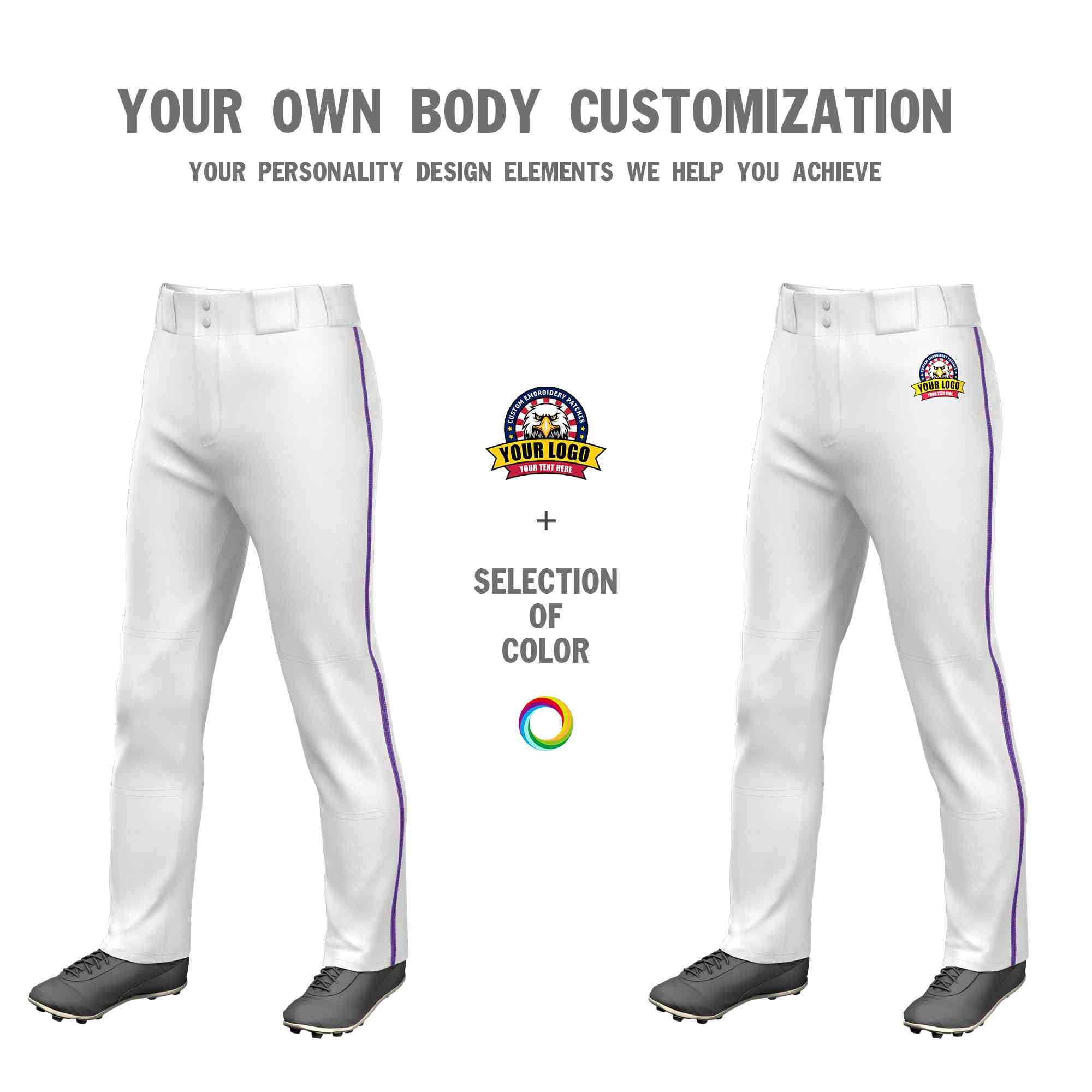 Custom White Purple Classic Fit Stretch Practice Loose-fit Baseball Pants