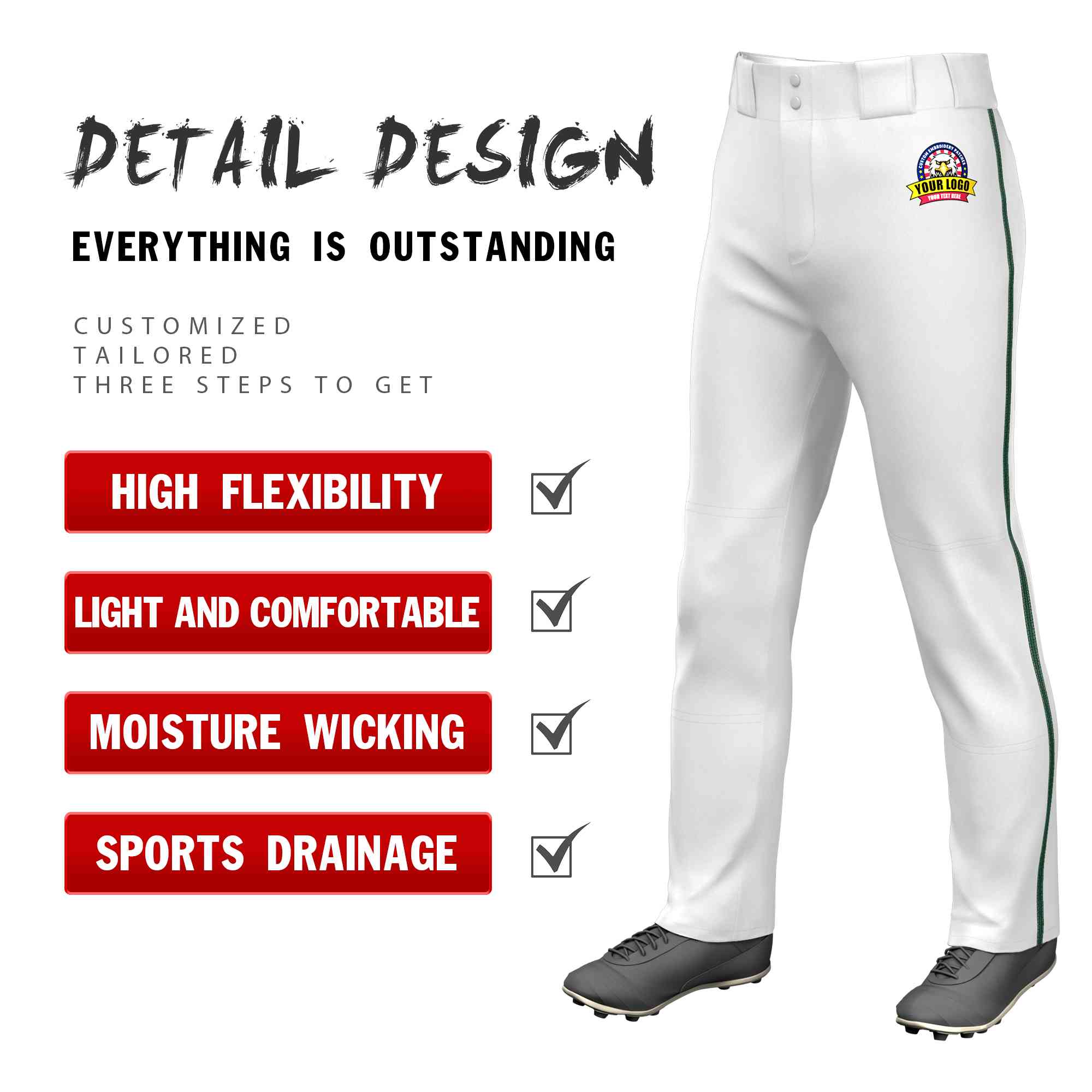 Pantalon de baseball coupe ample, coupe classique, extensible, personnalisé, blanc, vert