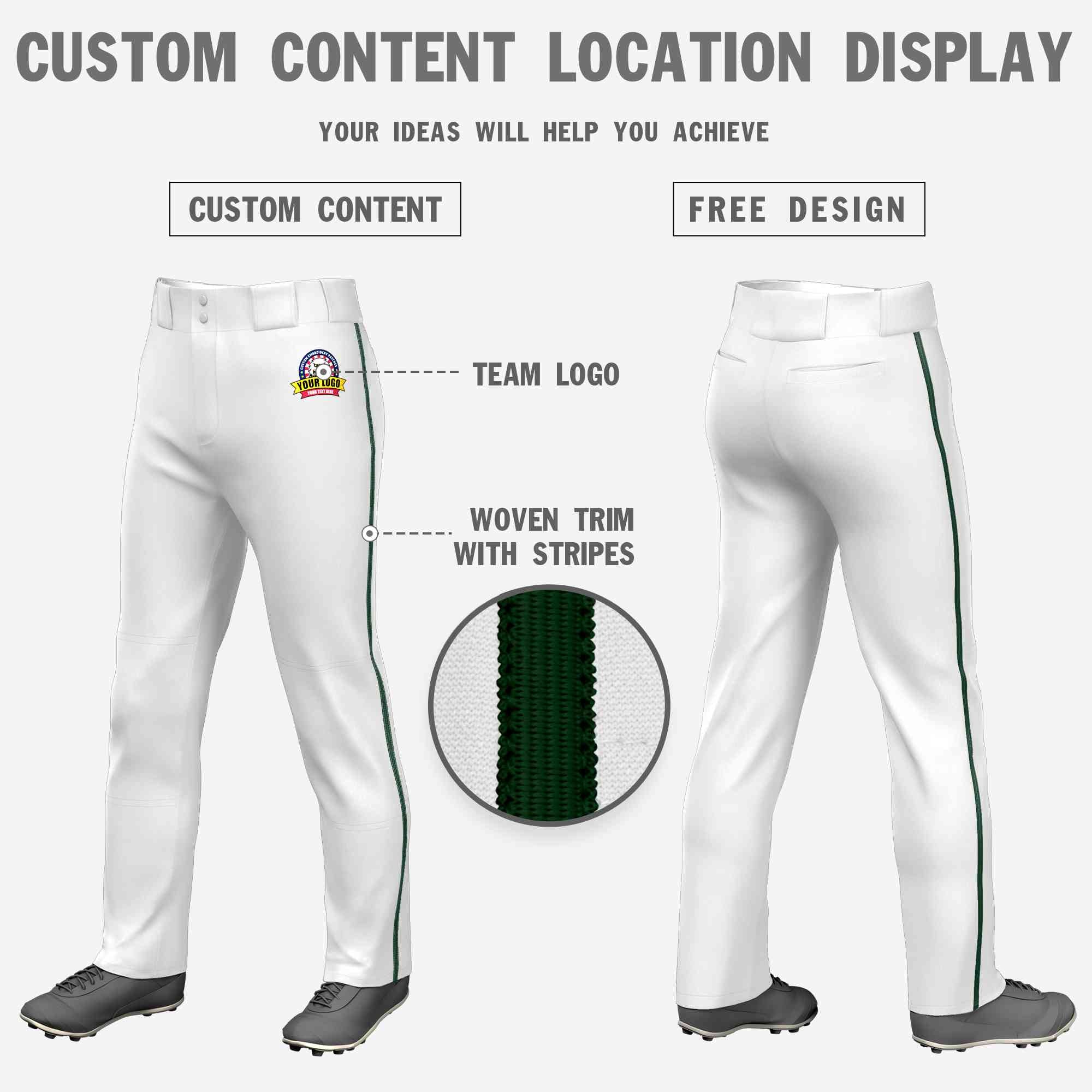 Custom White Green Classic Fit Stretch Practice Loose-fit Baseball Pants