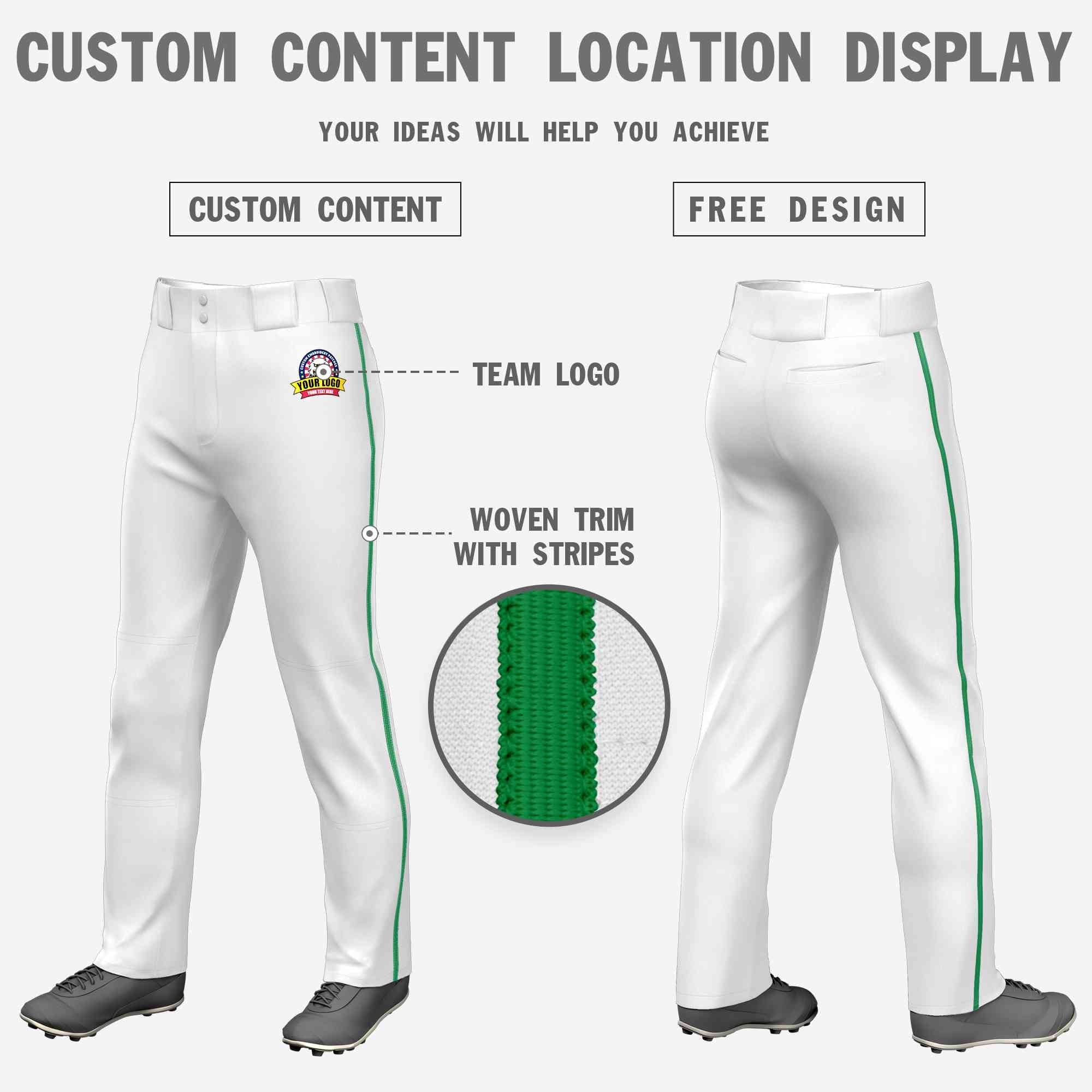 Pantalon de baseball coupe ample, coupe classique, extensible, personnalisé, vert Kelly, blanc