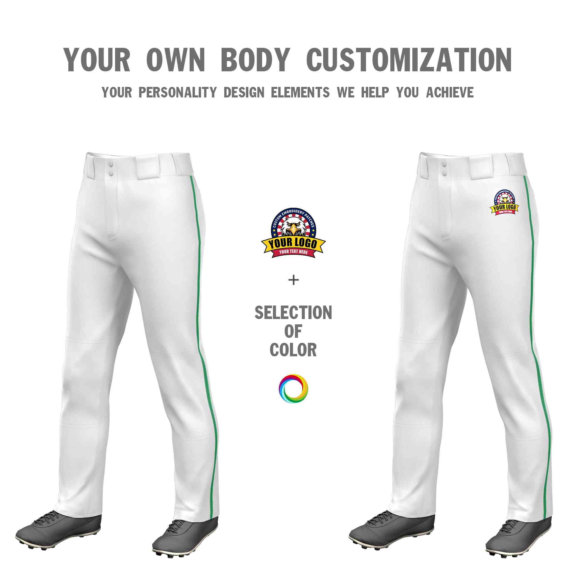 Custom White Kelly Green Classic Fit Stretch Practice Loose-fit Baseball Pants