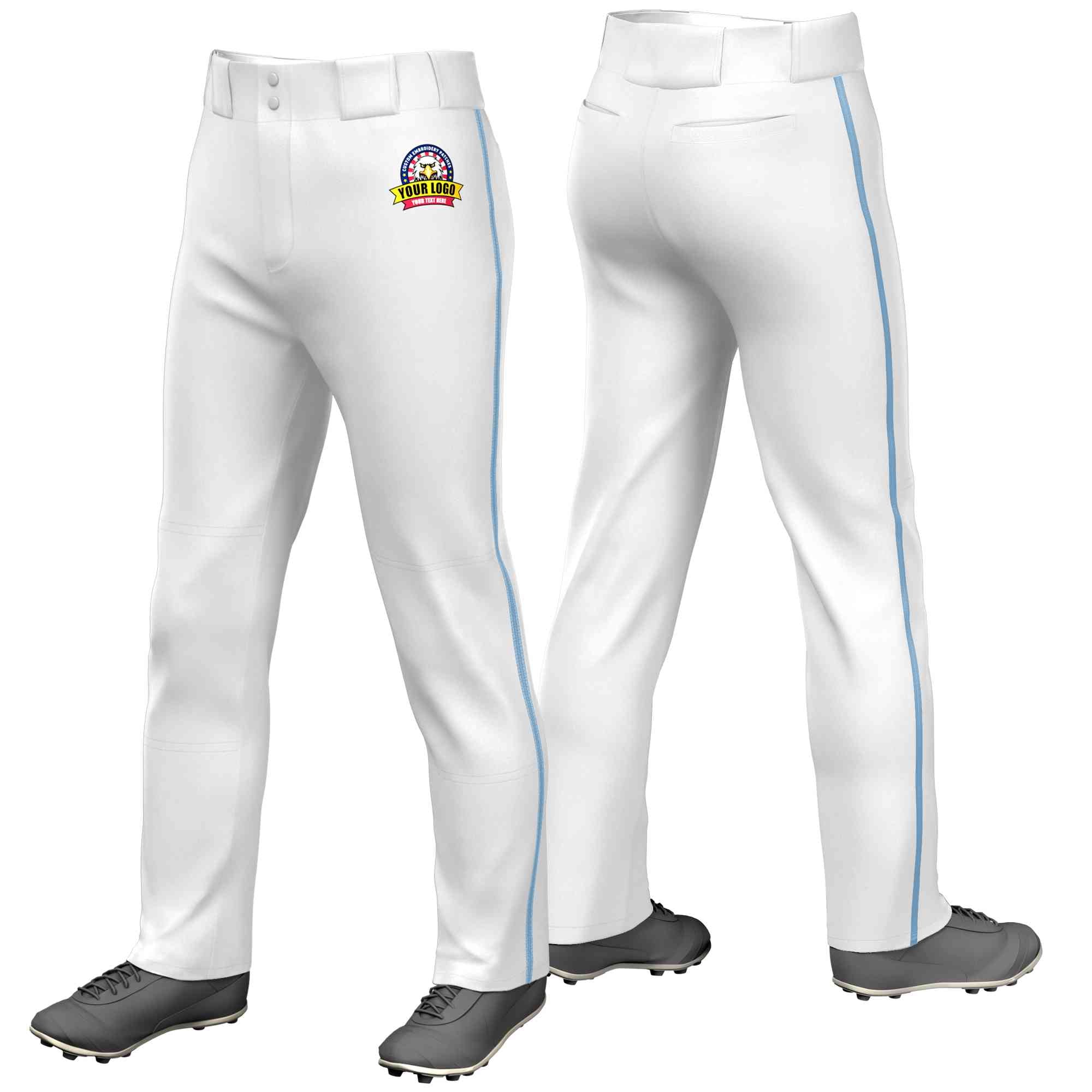 Pantalon de baseball coupe ample, coupe classique, blanc, bleu clair, personnalisé