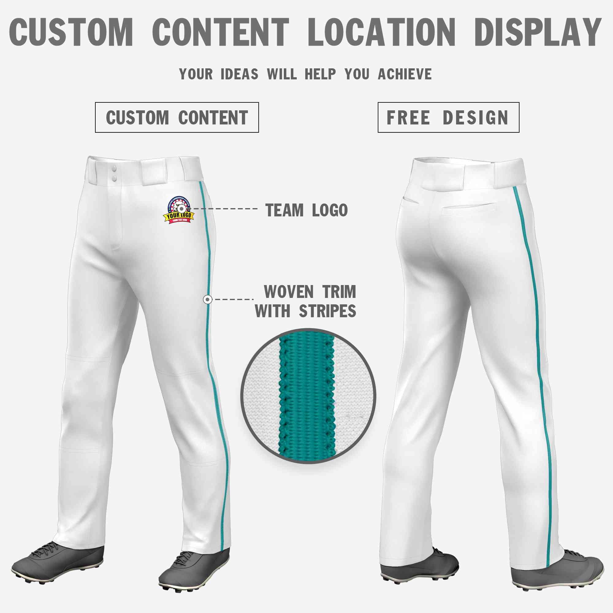 Pantalon de baseball coupe ample, coupe classique, extensible, personnalisé, blanc, Aqua