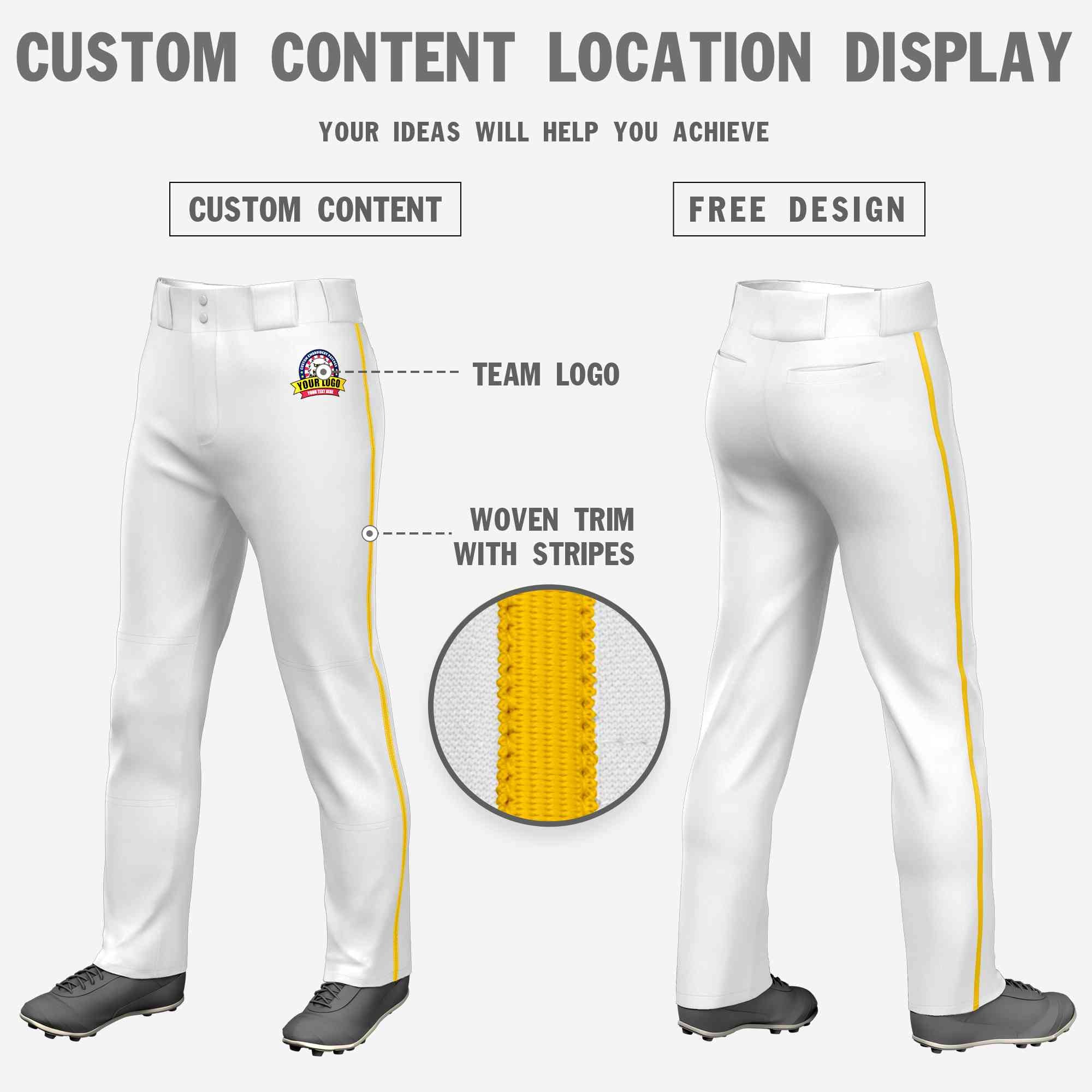 Custom White Gold Classic Fit Stretch Practice Loose-fit Baseball Pants